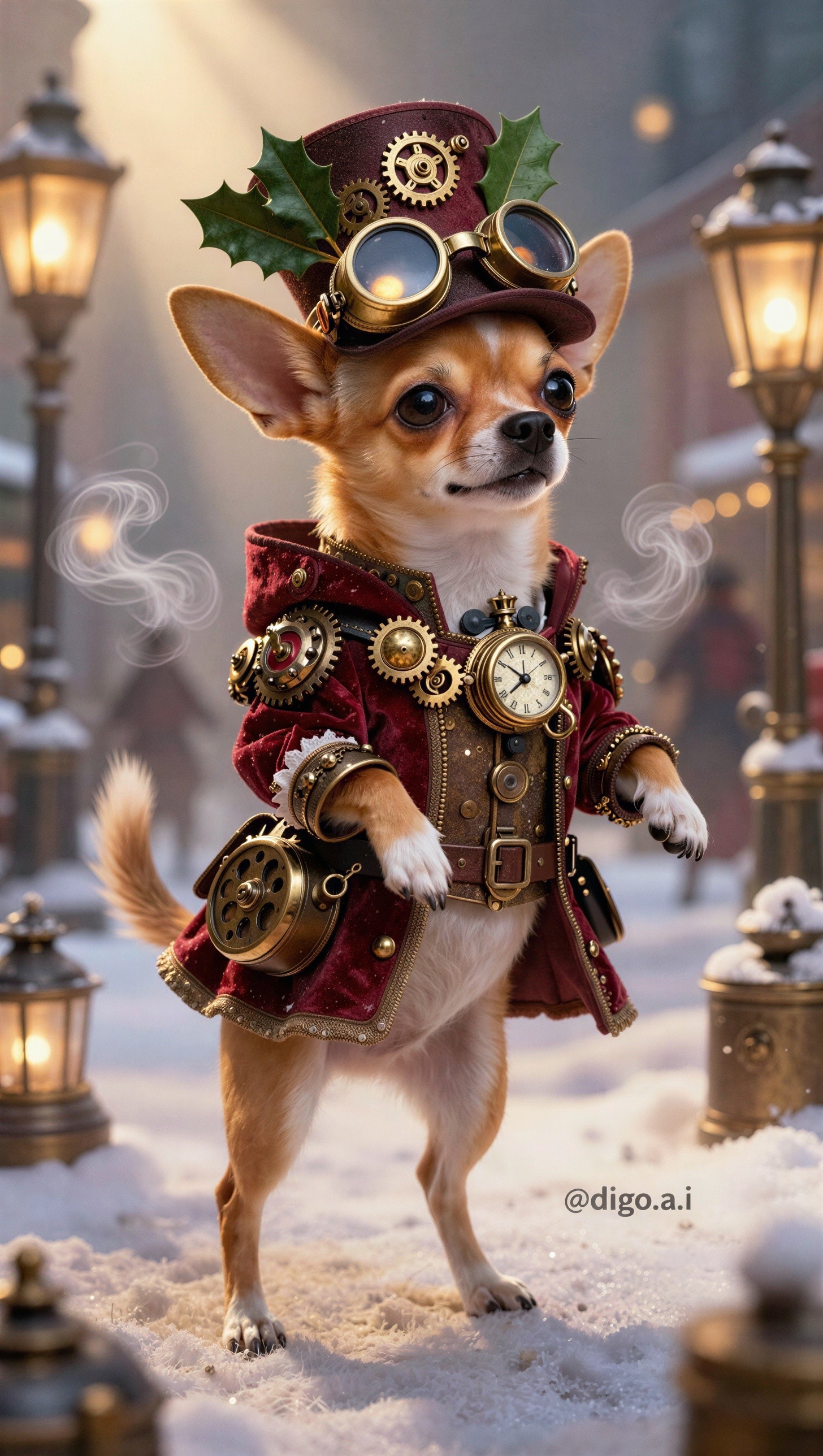 Chihuahua in Steampunk Christmas Outfit in Village