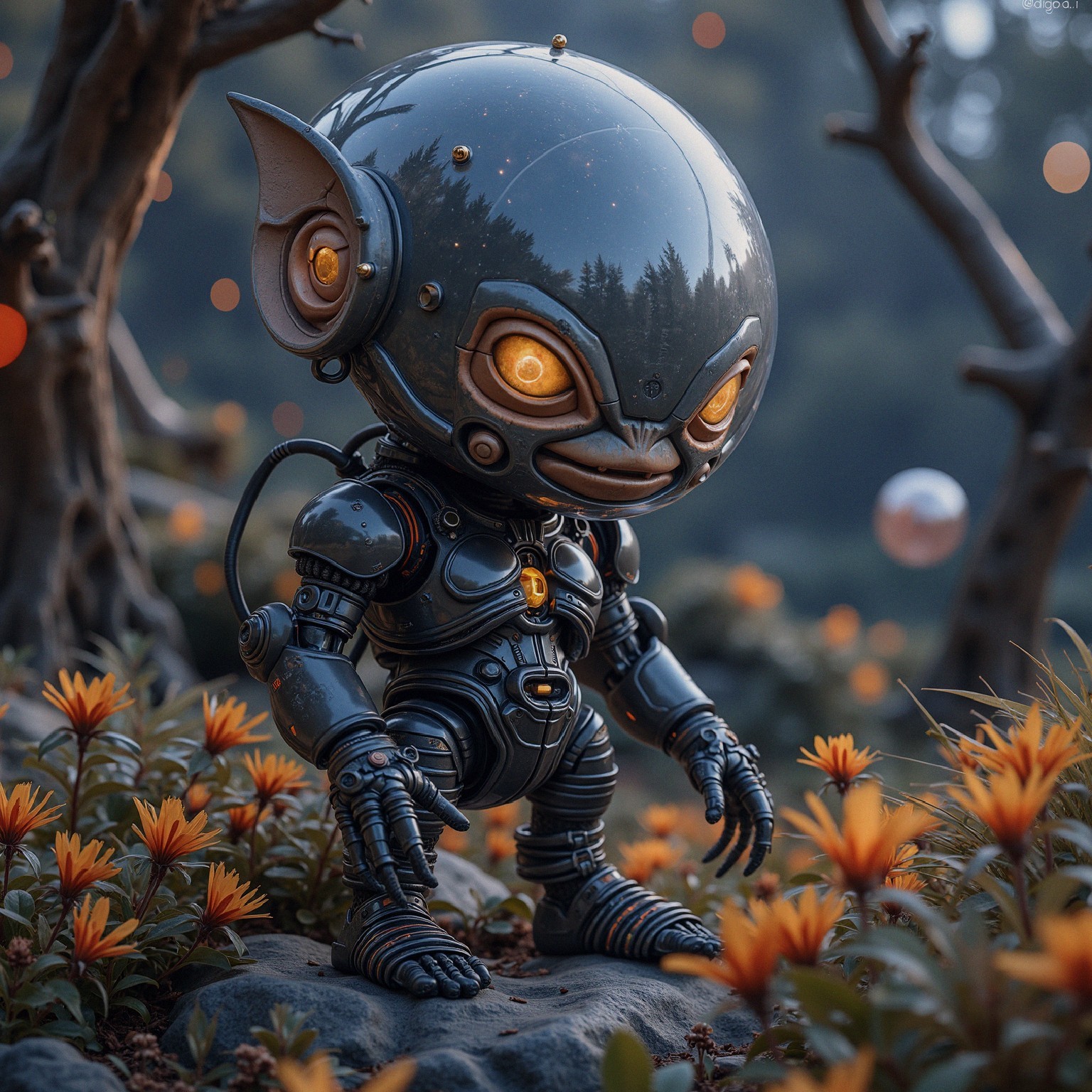 Futuristic creature among vibrant orange flowers