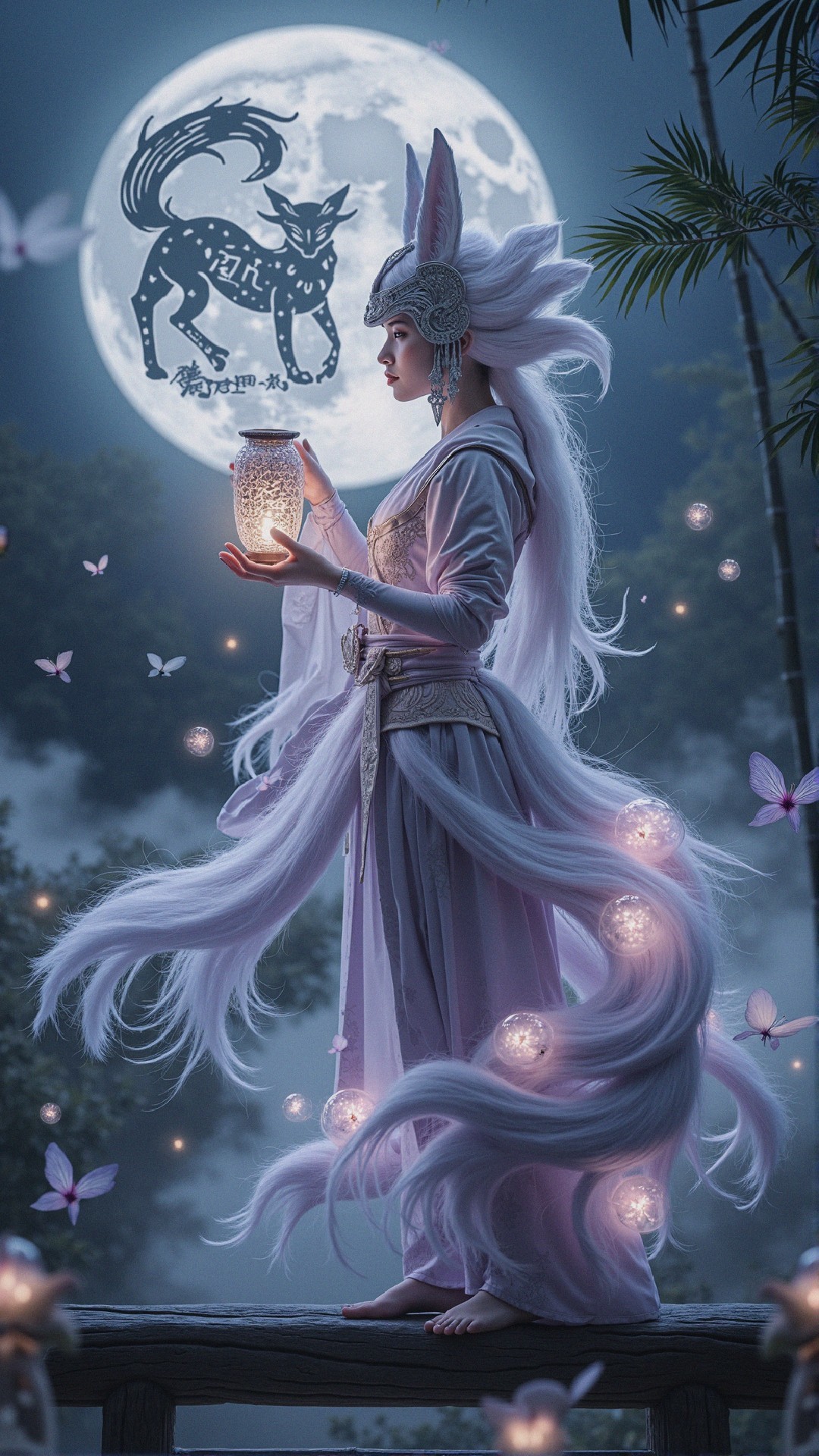 Mystical figure under full moon with glowing lantern