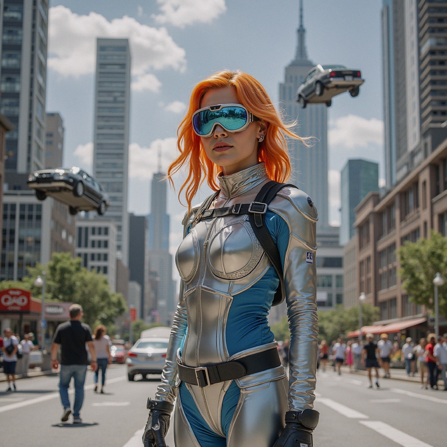 Futuristic superhero in urban street with skyscrapers