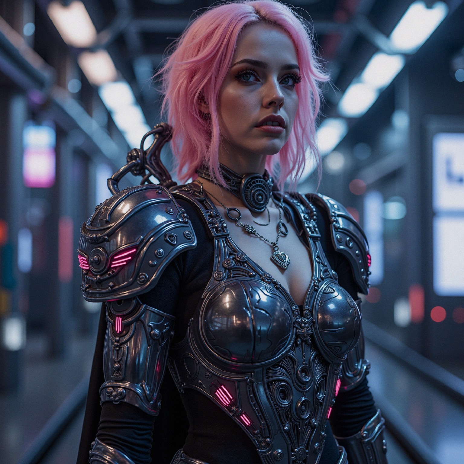 Futuristic figure in neon-lit environment with armor