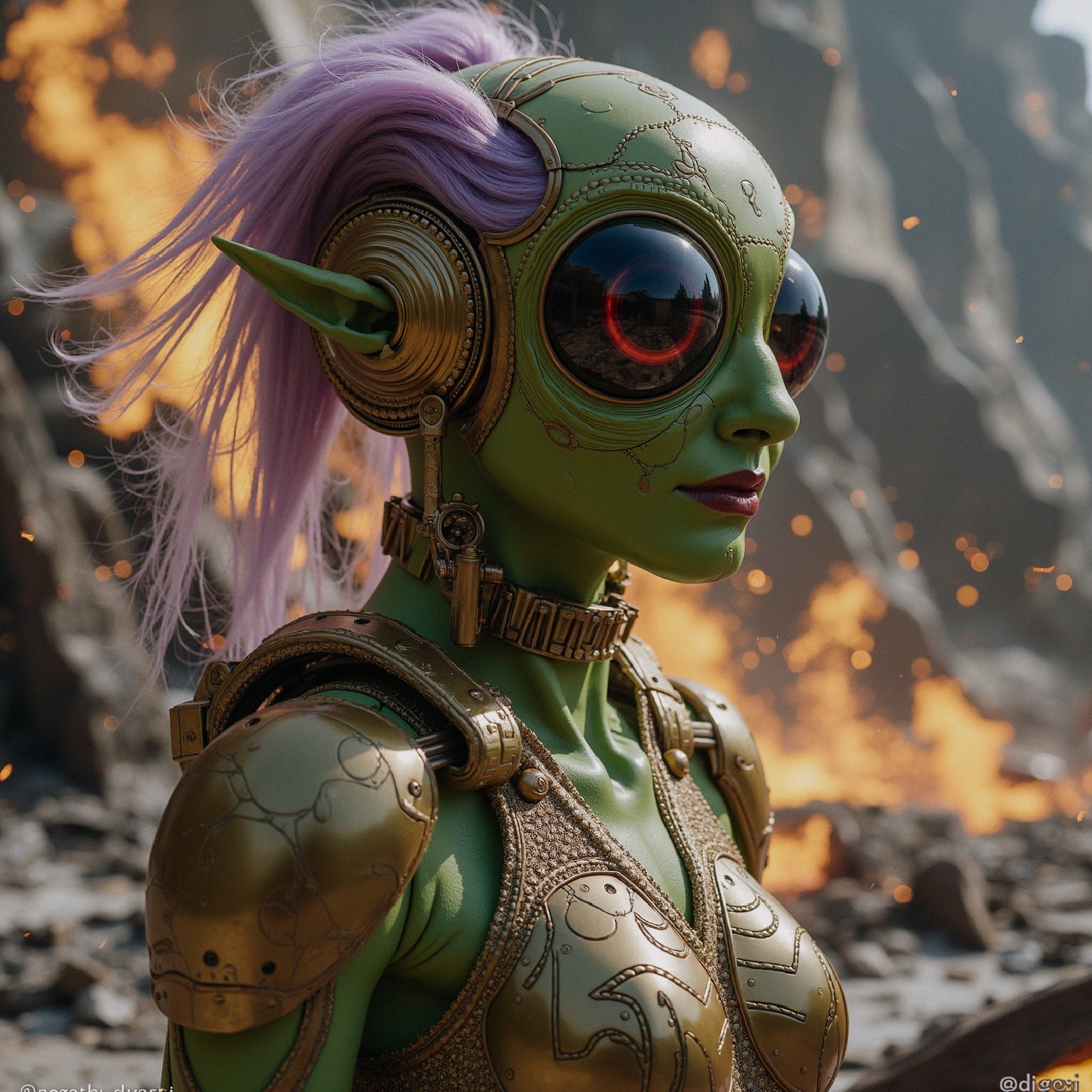 Futuristic character with green skin and metallic goggles