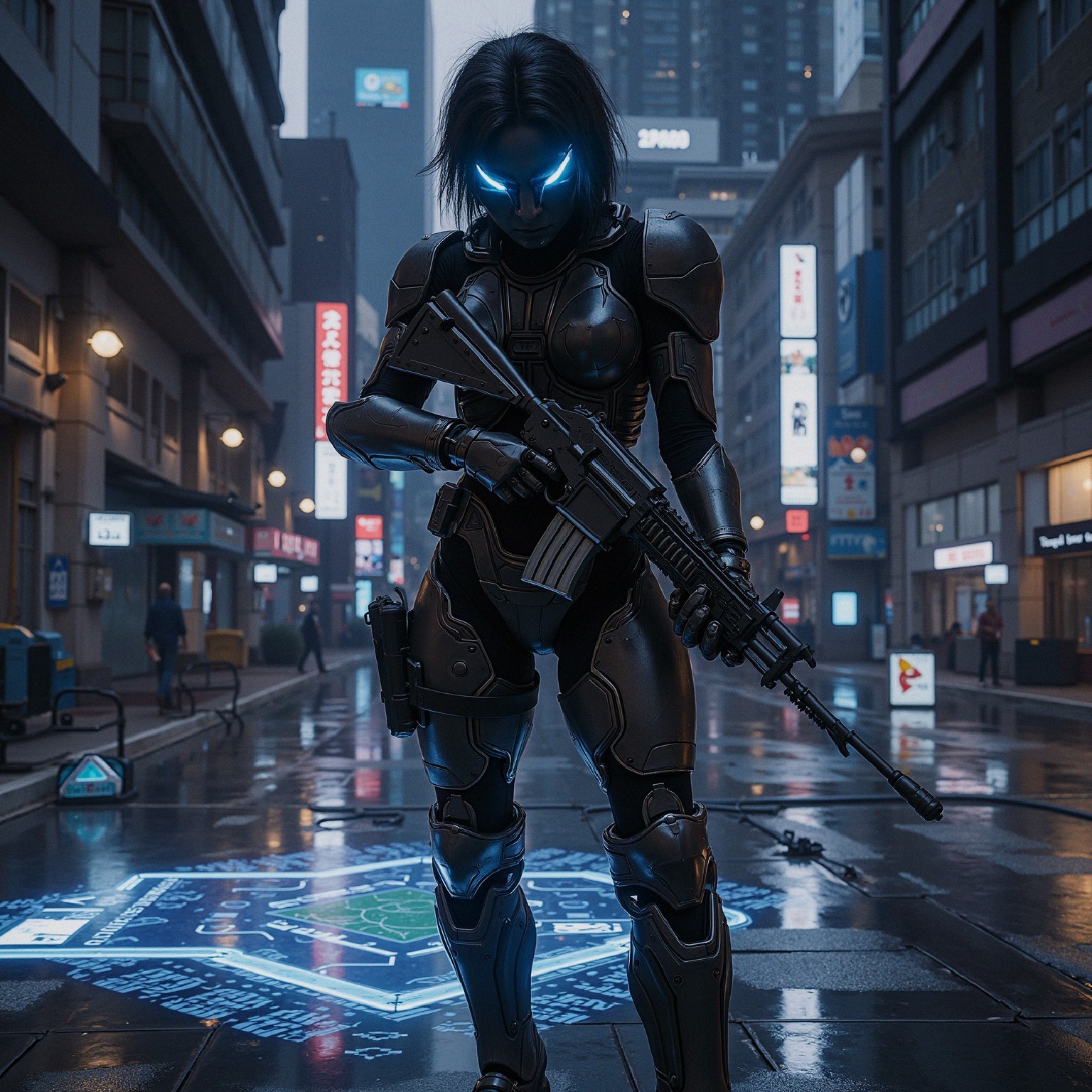 Futuristic Armored Figure in Cyberpunk Urban Setting