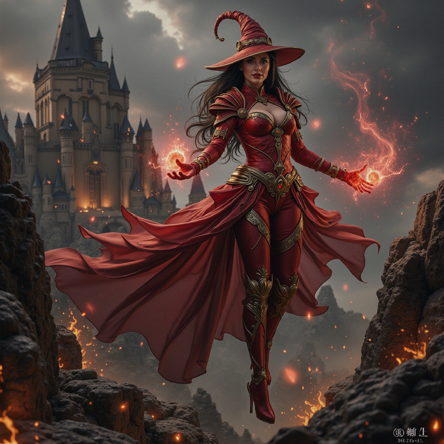Sorceress in Crimson Outfit Conjuring Fiery Orbs