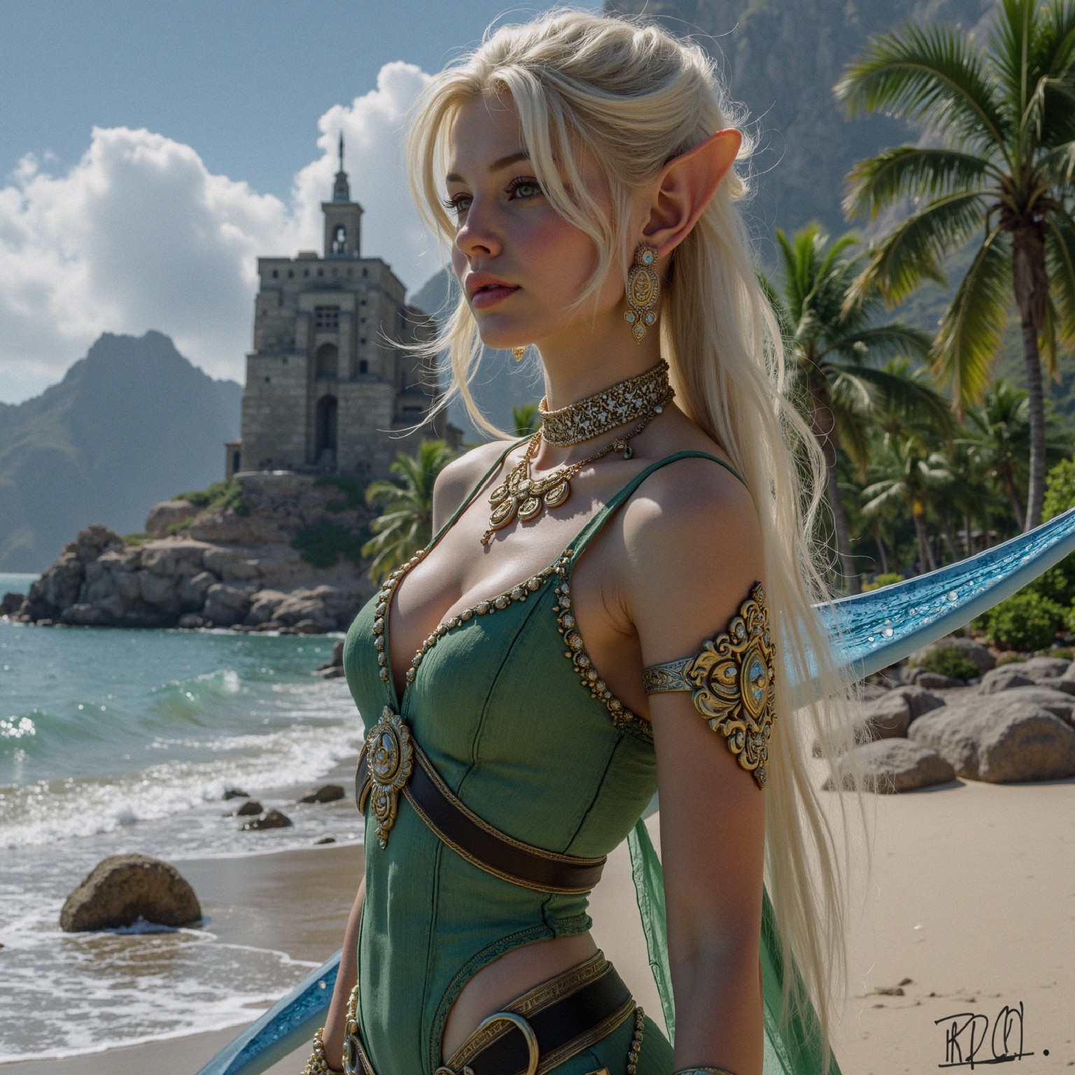 Elf on Beach with Castle and Tropical Scenery