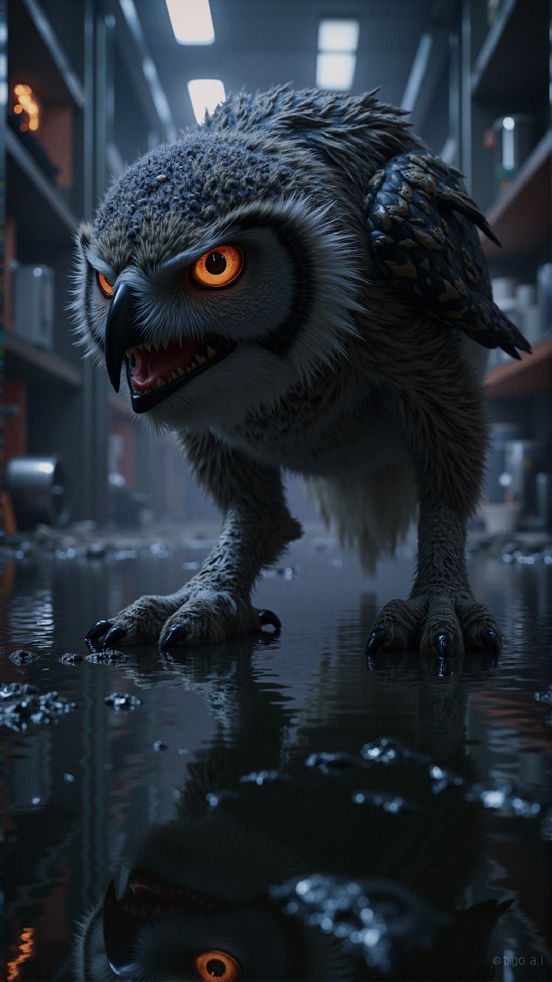 Anthropomorphic owl in a dimly lit warehouse setting