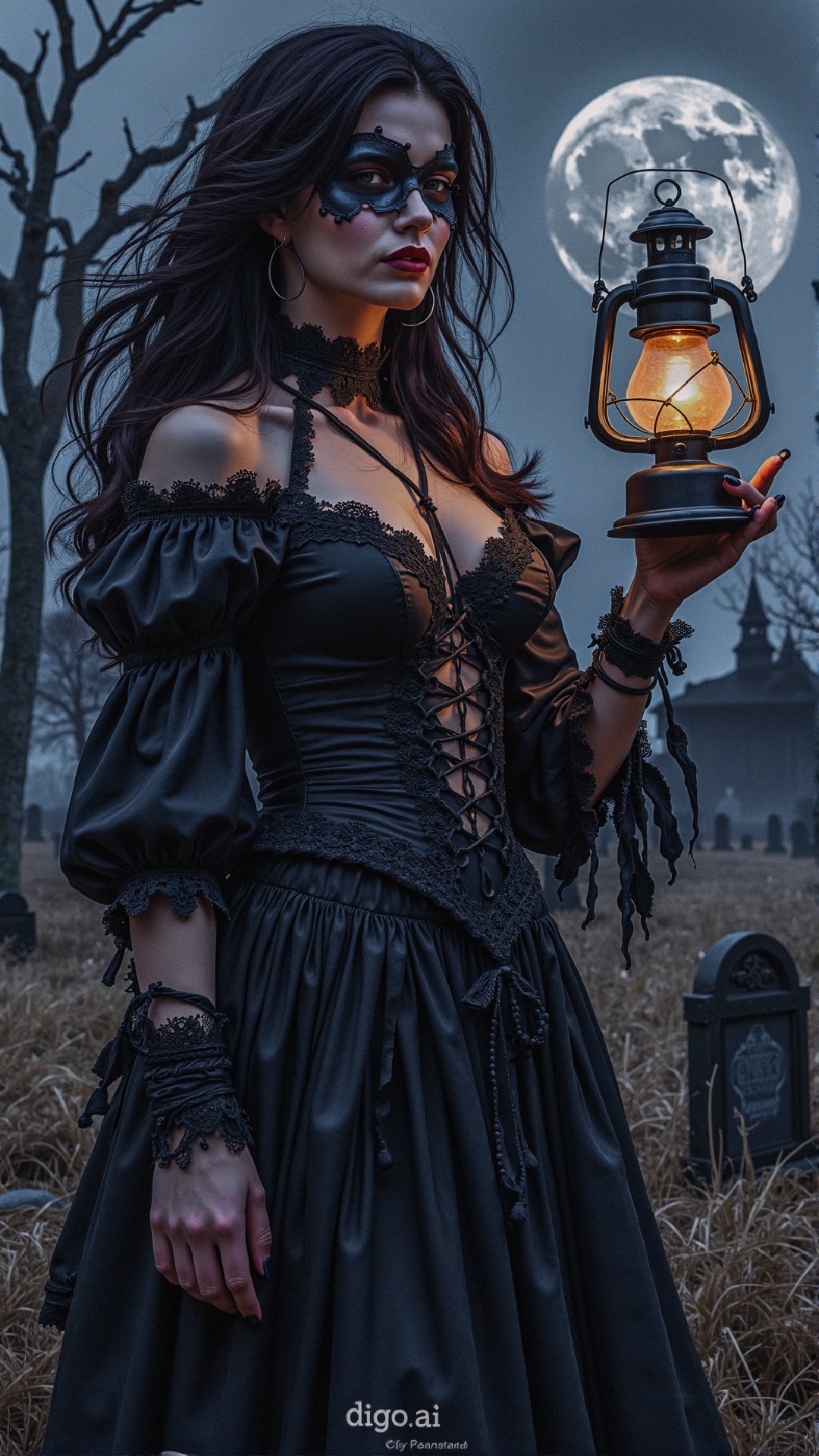Mysterious Figure in Dark Graveyard with Lantern