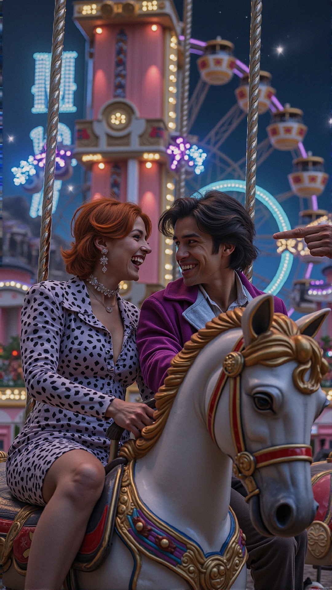 Couple on a carousel in vibrant carnival lights