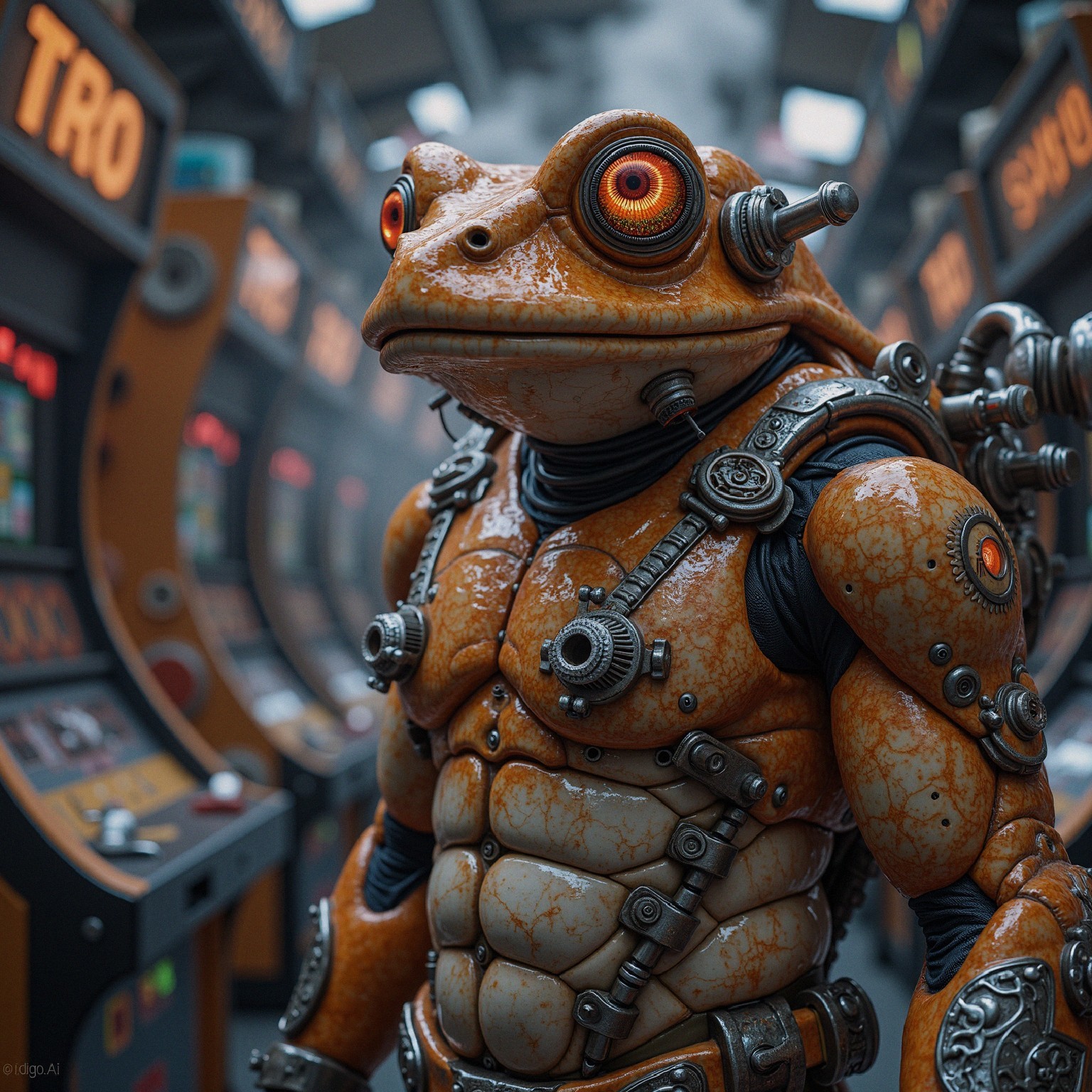 Futuristic Anthropomorphic Frog Character in Casino Setting