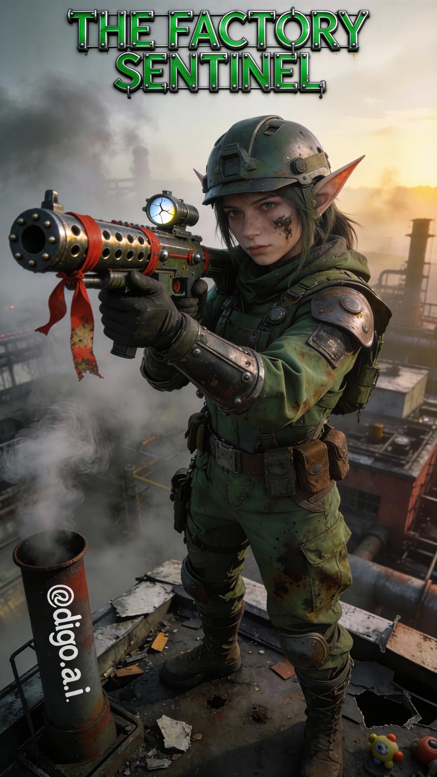 Post-Apocalyptic Half-Elf Woman in Industrial Wasteland