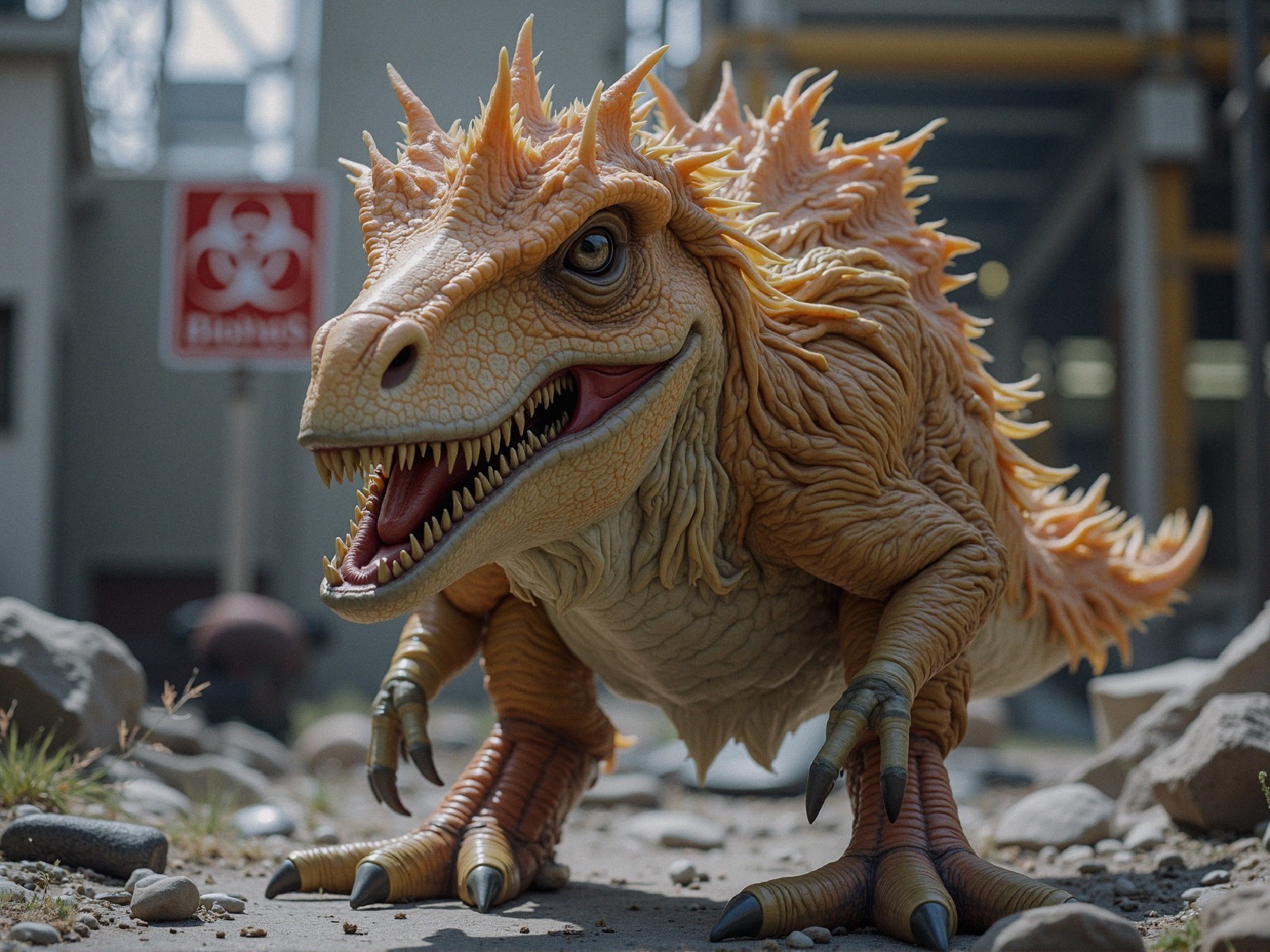 Prehistoric Dinosaur on Rocky Terrain with Industrial Background