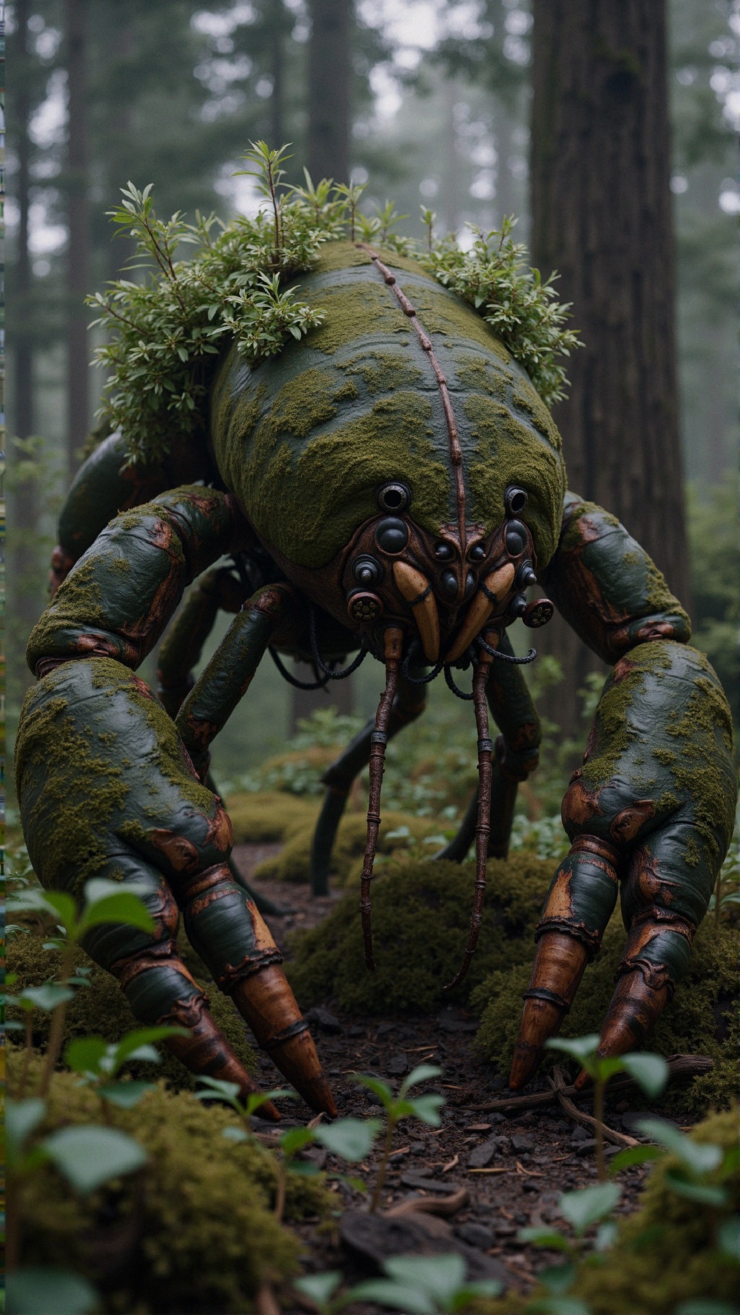 Moss-Covered Crab-Like Creature in Misty Forest