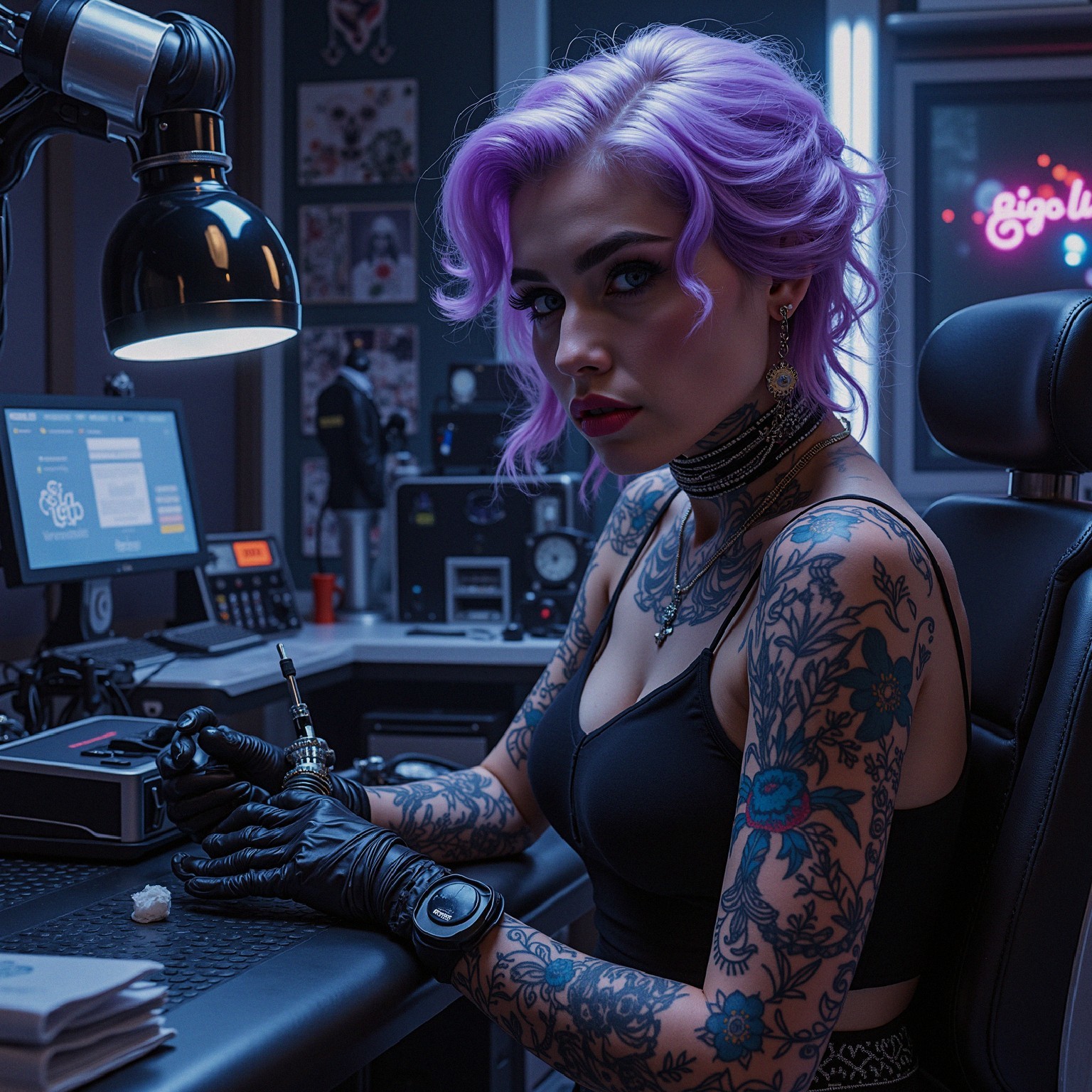 Tattoo Artist in Dimly Lit Studio with Neon Sign