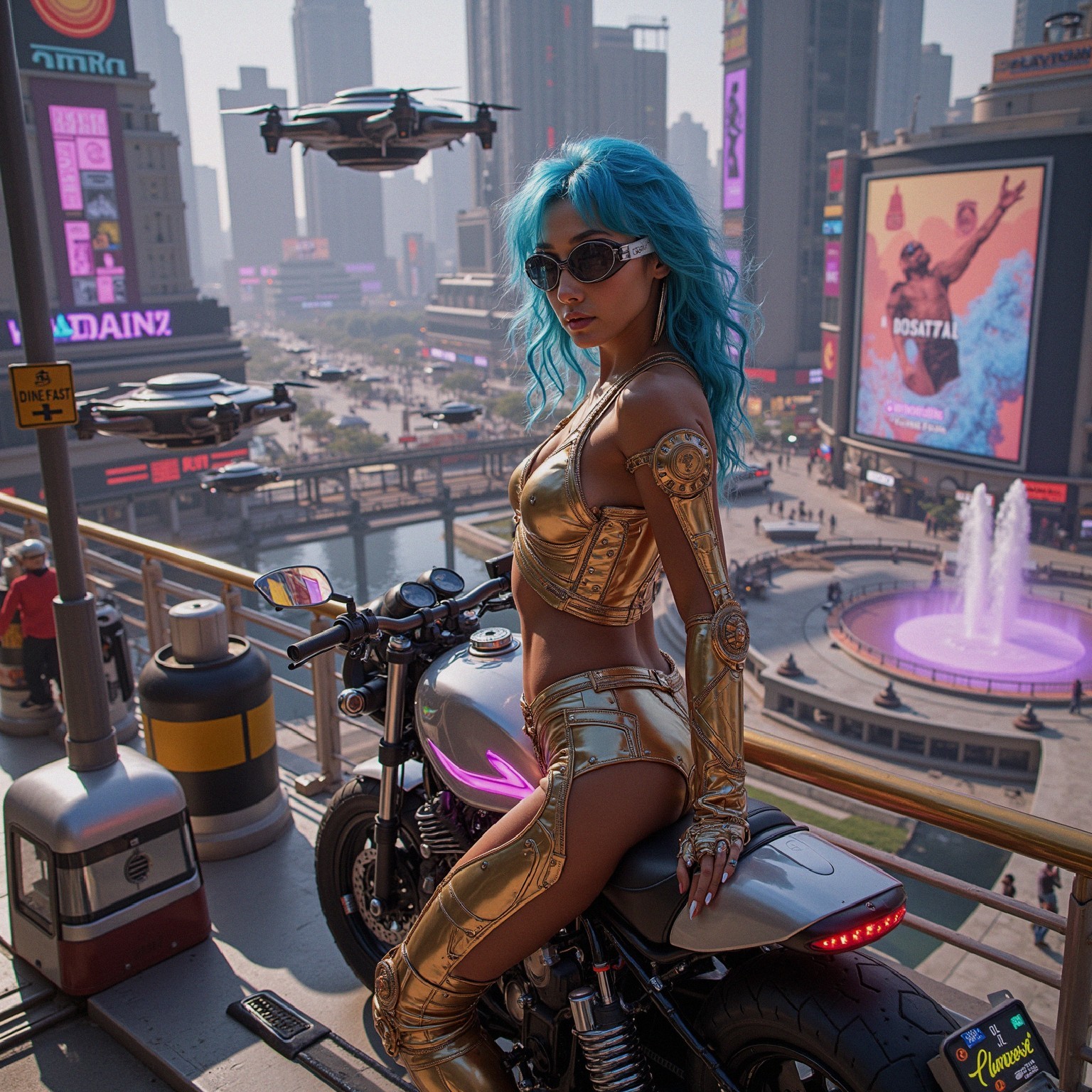 Futuristic Cityscape with Blue-Haired Figure on Motorcycle