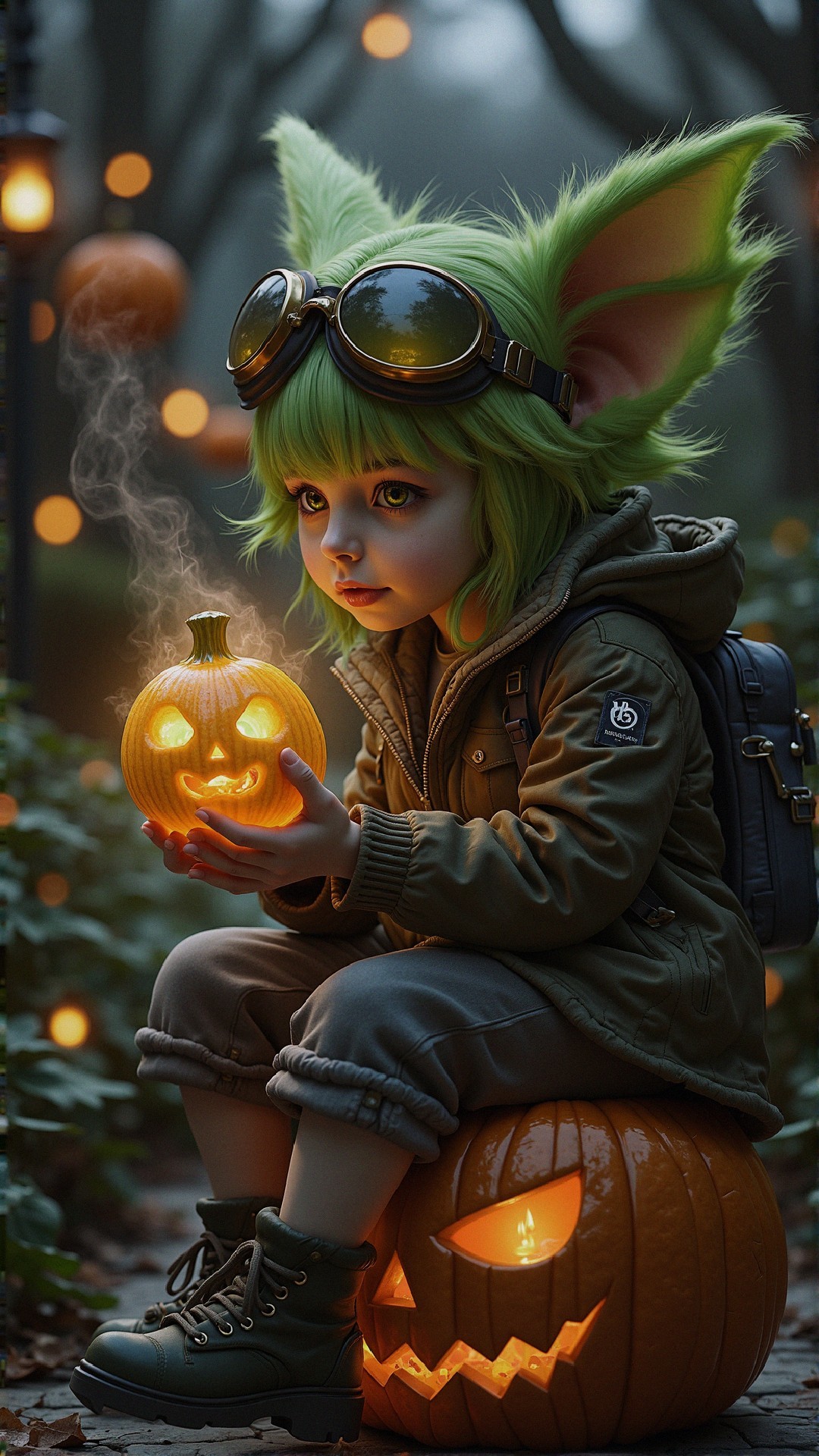 Whimsical Child with Green Hair on Glowing Pumpkin
