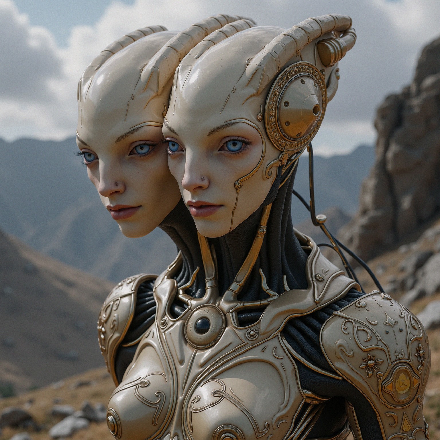 Futuristic Humanoid Figure with Two Heads and Armor