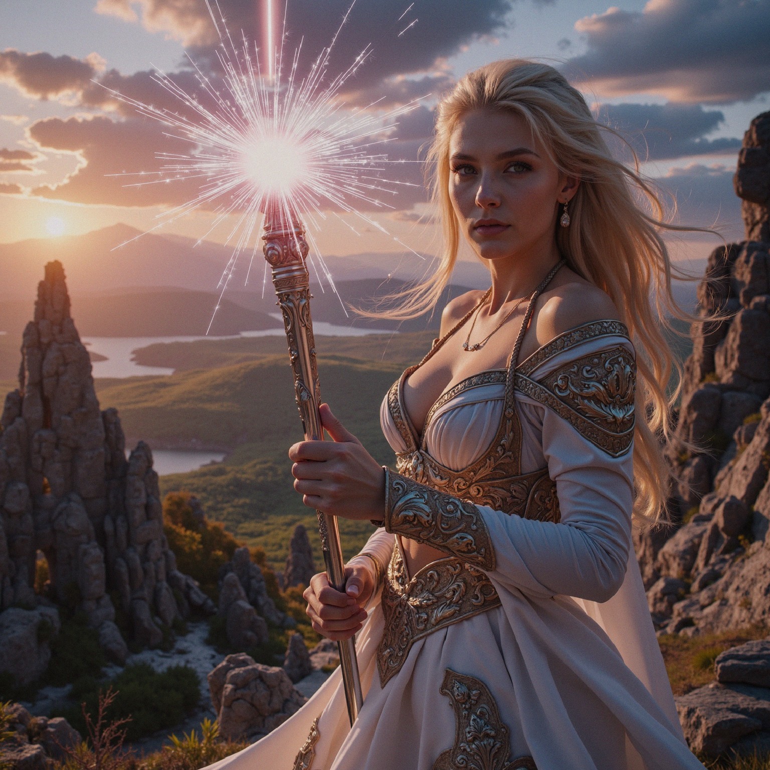 Elegant Woman in Fantasy Landscape at Sunset