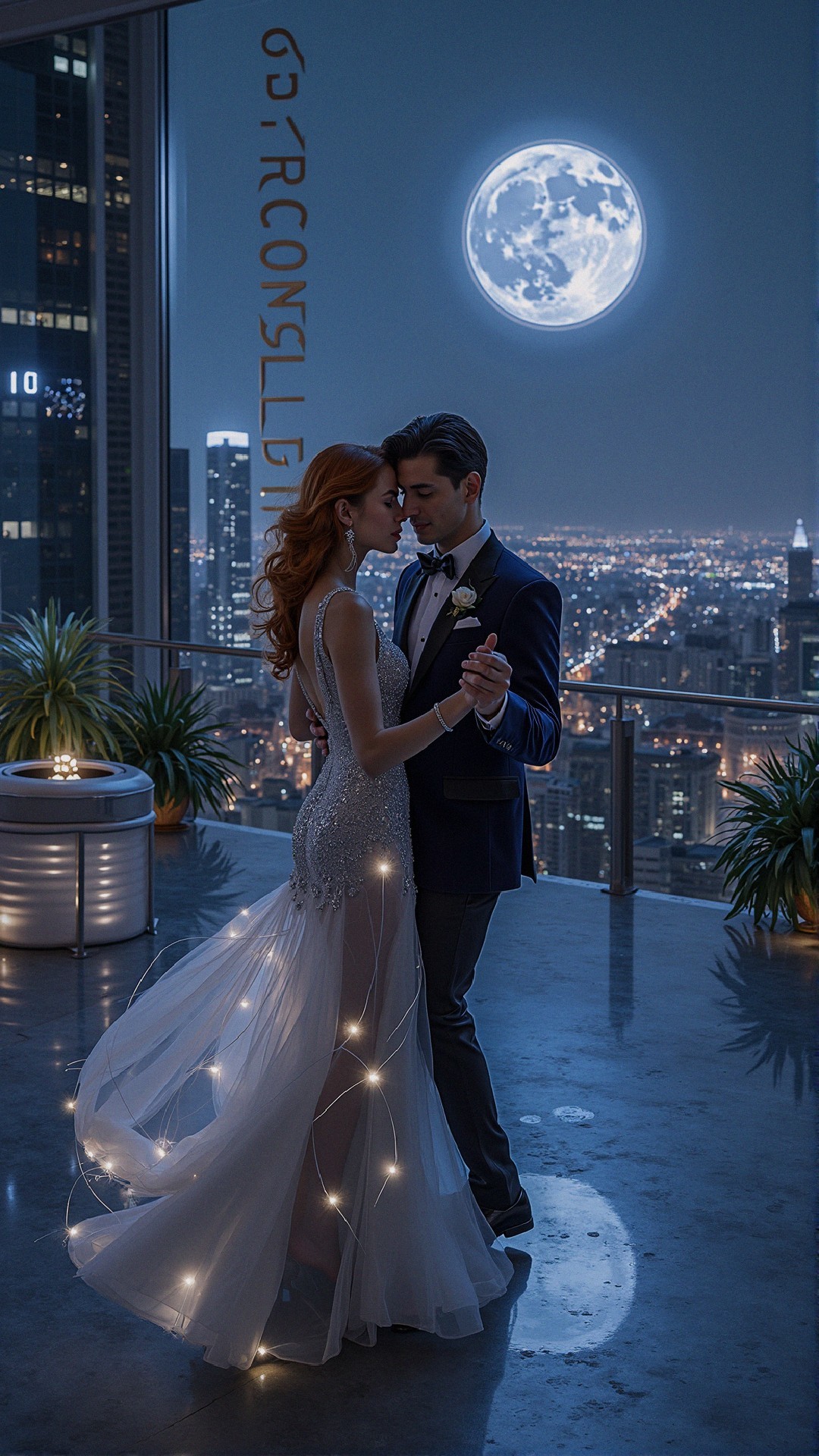 Couple Dancing in Sparkling Gown and Tuxedo at Night