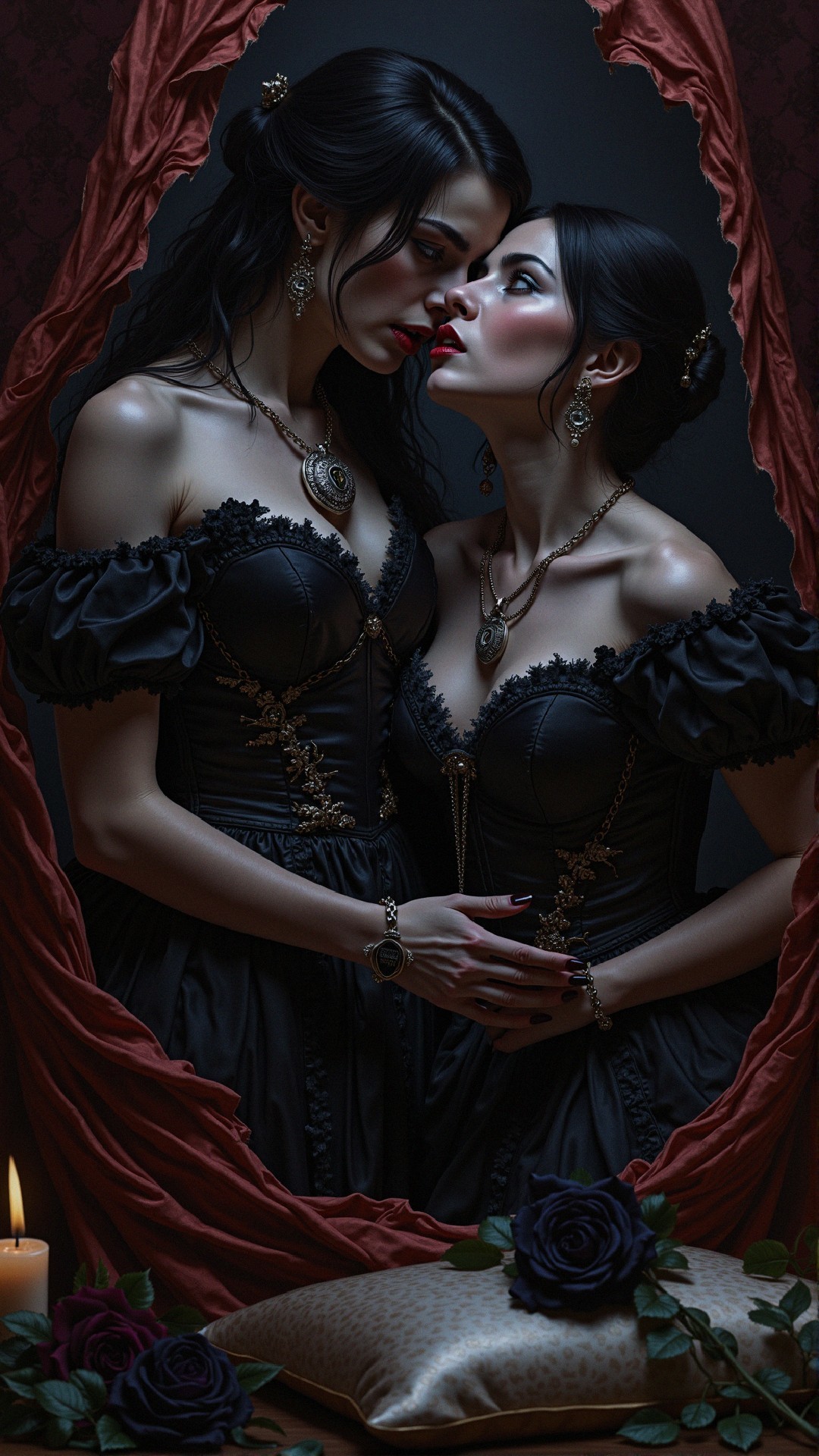 Elegant Women in Gothic Black Dresses Embracing