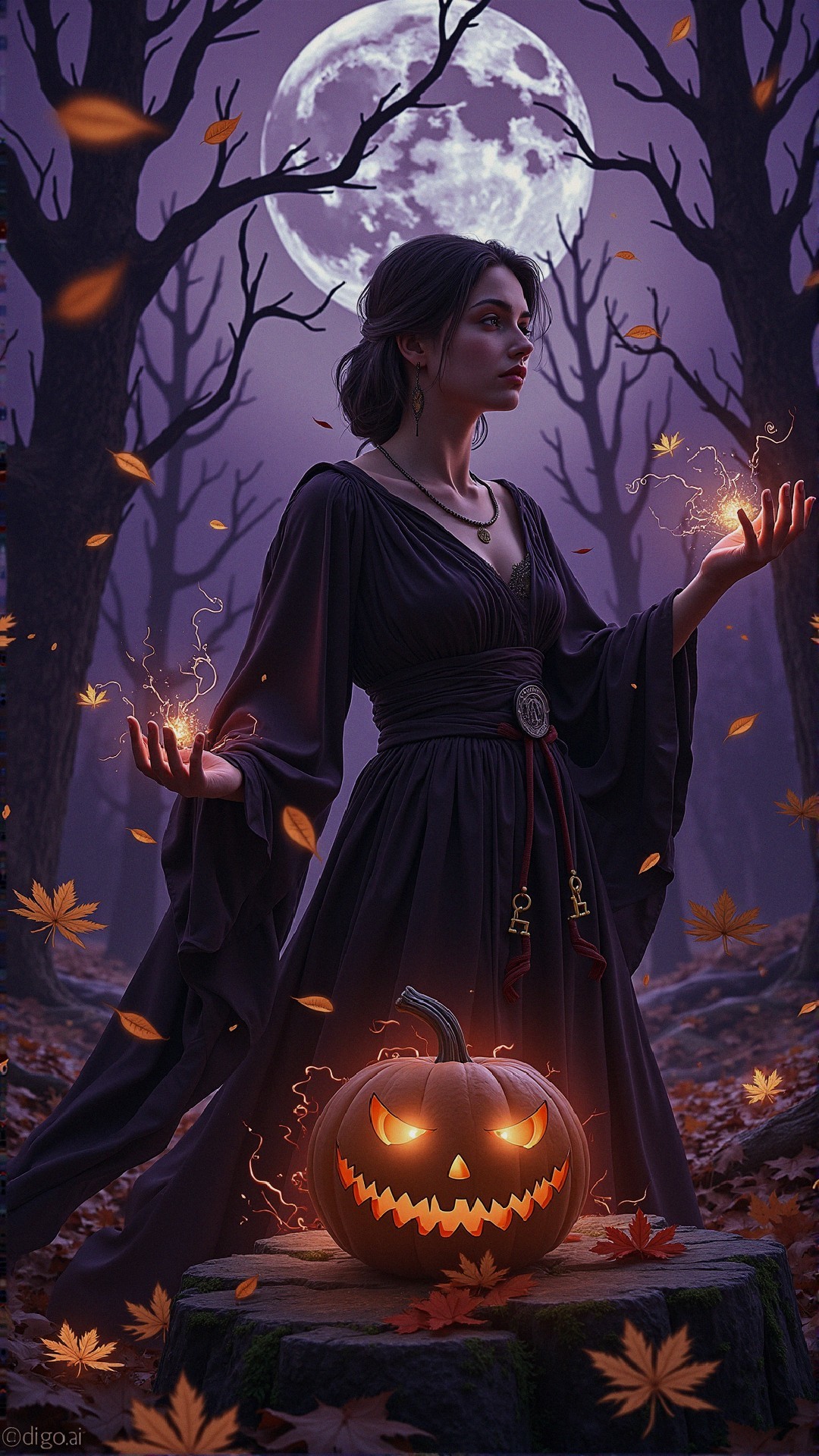 Mystical Night Forest with Woman and Glowing Sparks