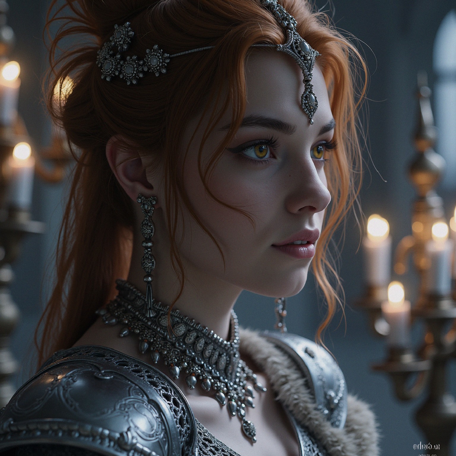 Young woman in silver armor with golden eyes