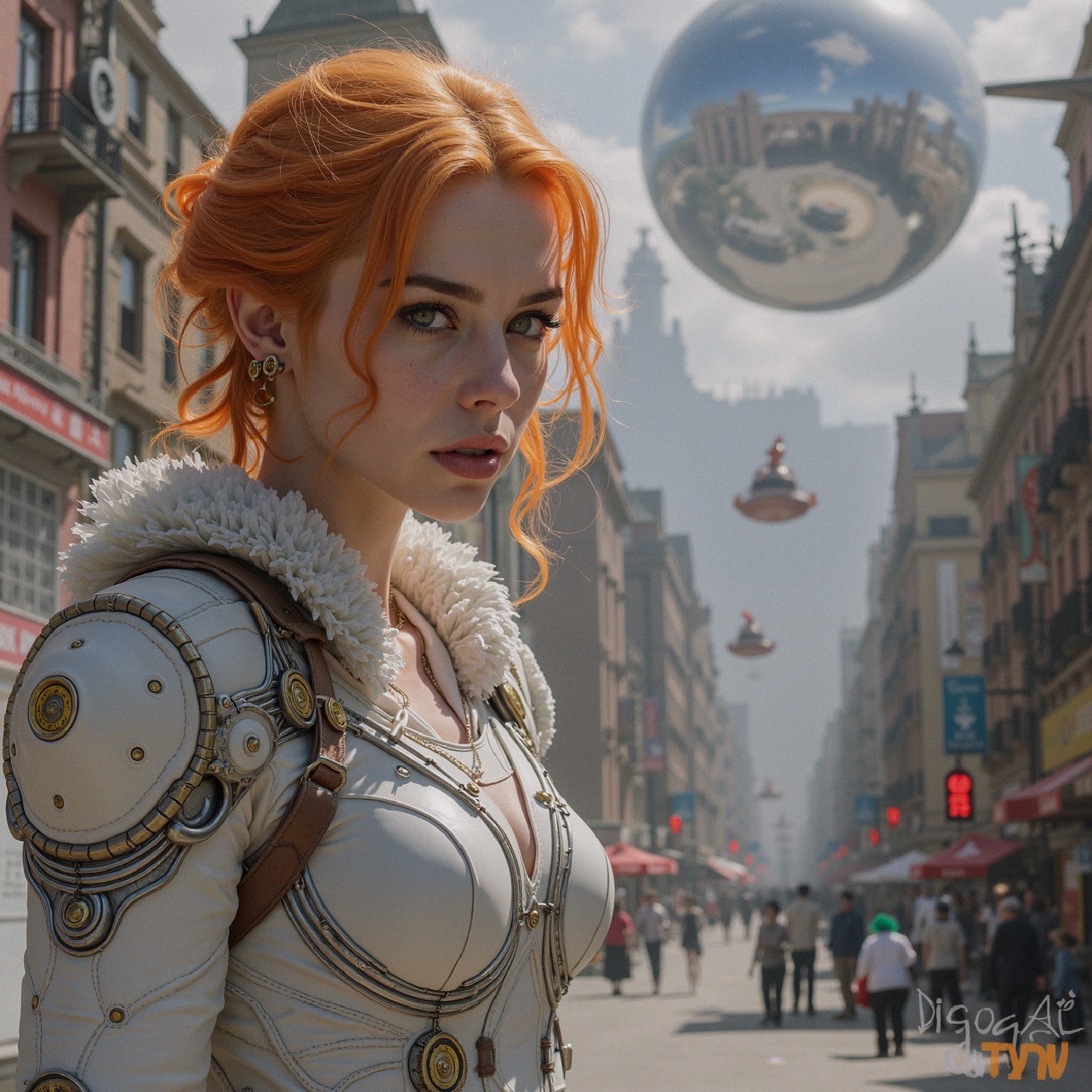 Futuristic Urban Scene with Vibrant Orange-Haired Woman