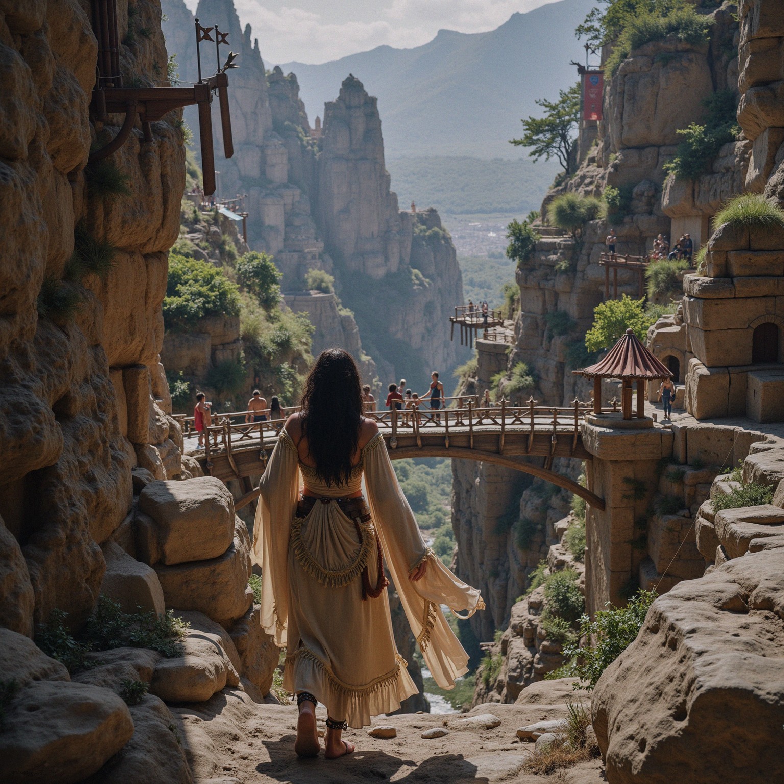 Serene valley with cliffs and a wooden bridge scene