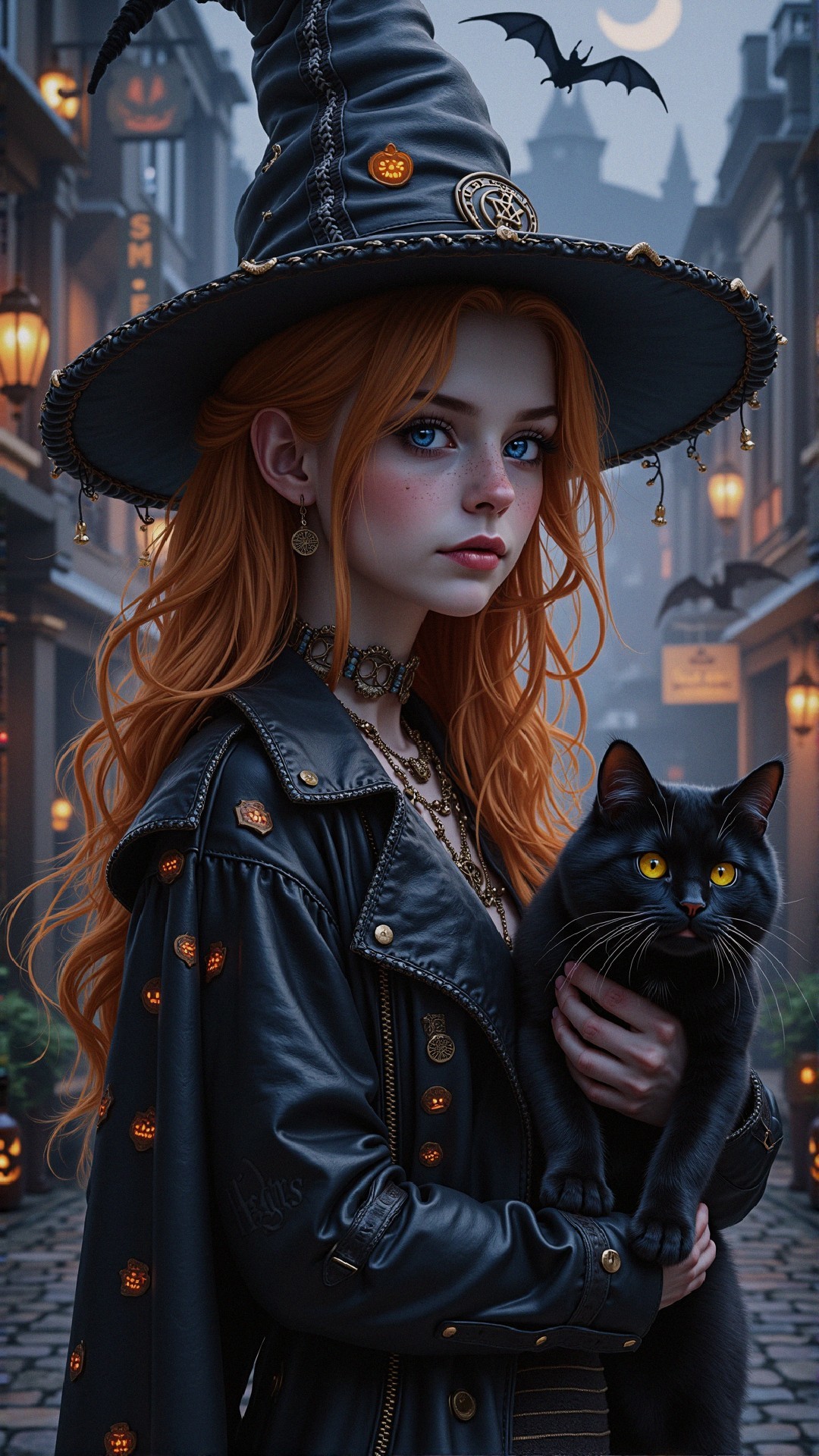 Young Woman in Misty Street with Pumpkins and Bats