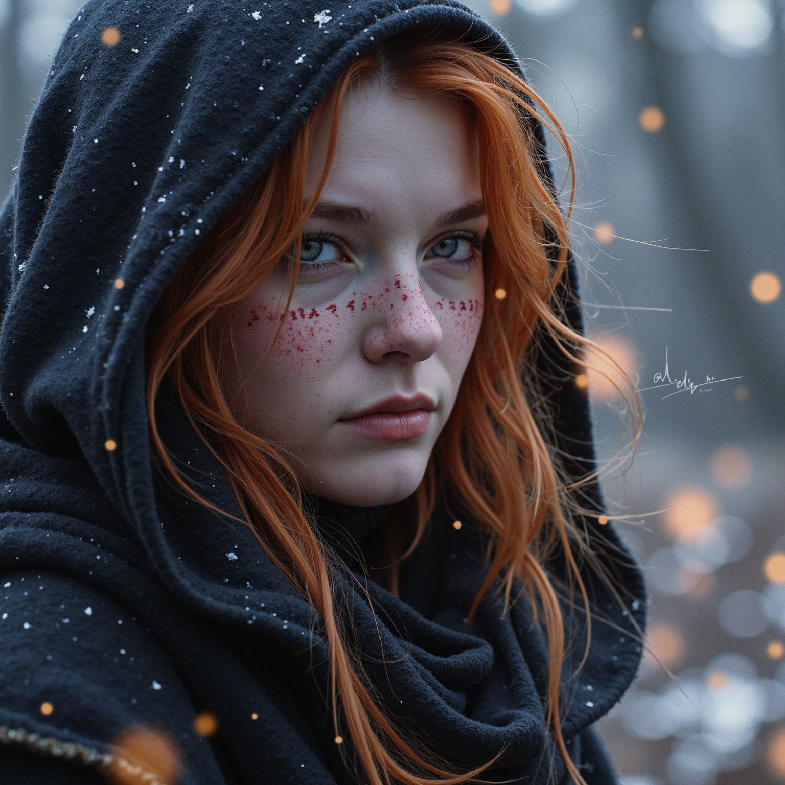 Young woman in hooded cloak in misty forest setting