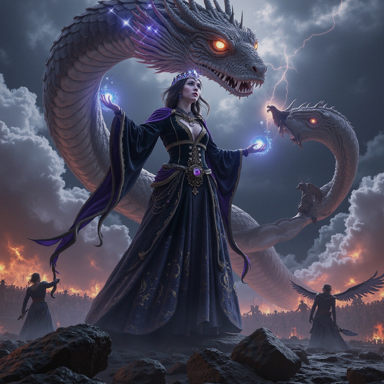 Sorceress with Magic Orbs and Serpentine Dragon