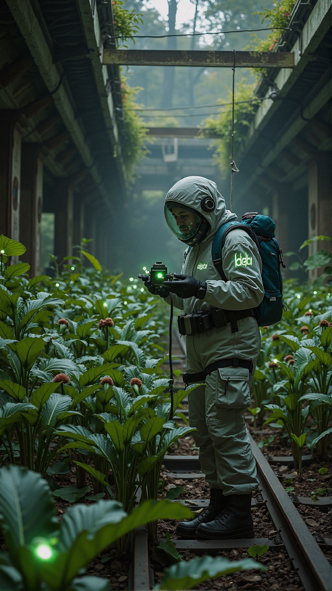 Misty Greenhouse with Suited Figure and Glowing Device