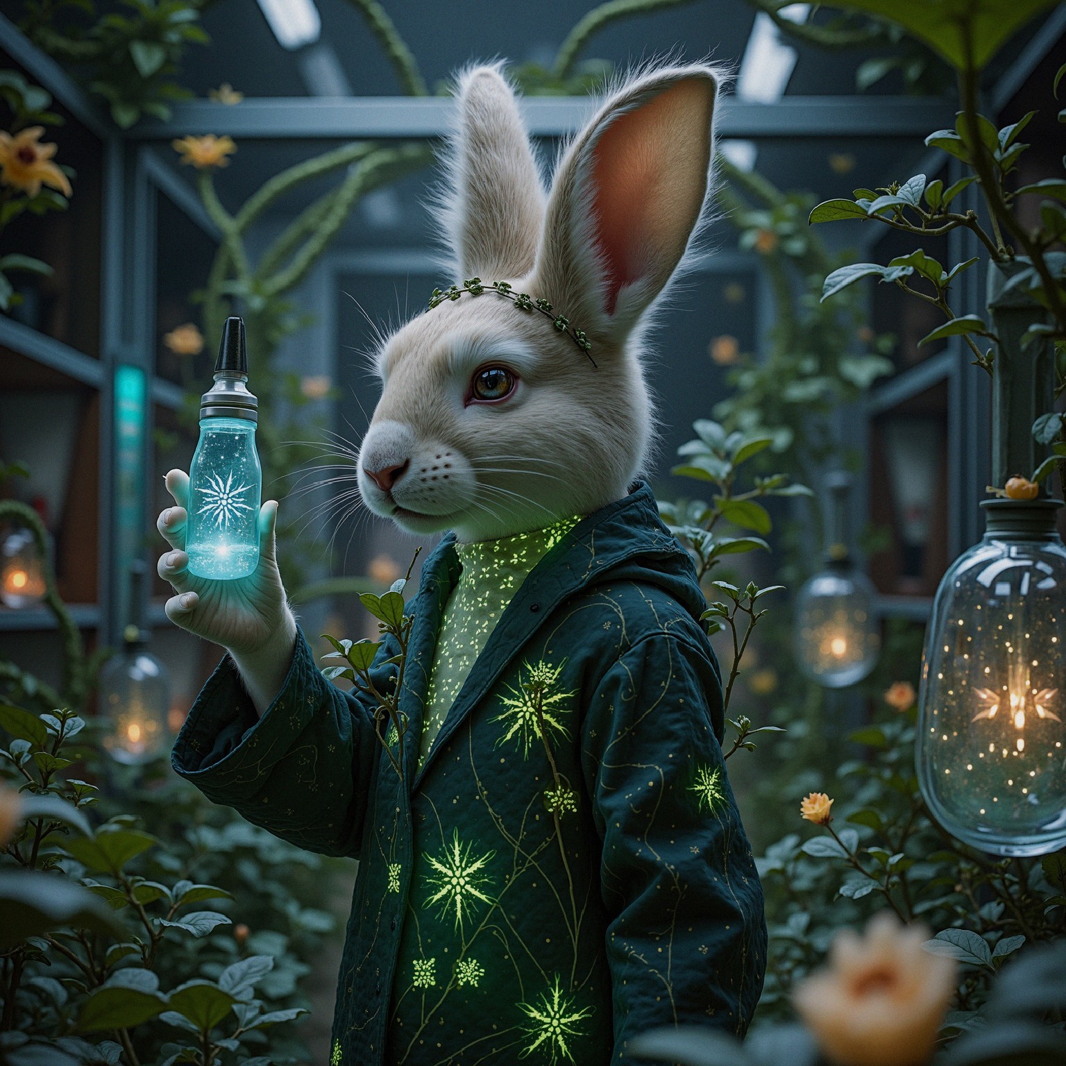 Whimsical Indoor Garden with Enchanted Rabbit Character