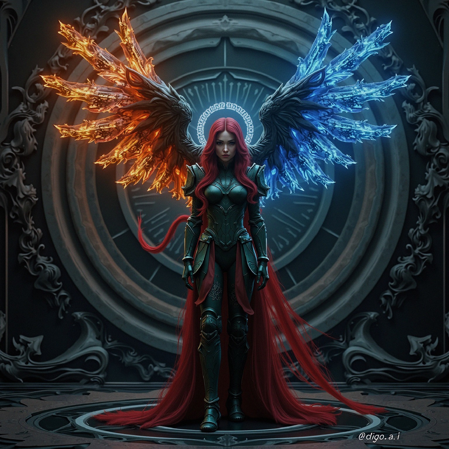 Fierce warrior in ornate armor with fiery wings