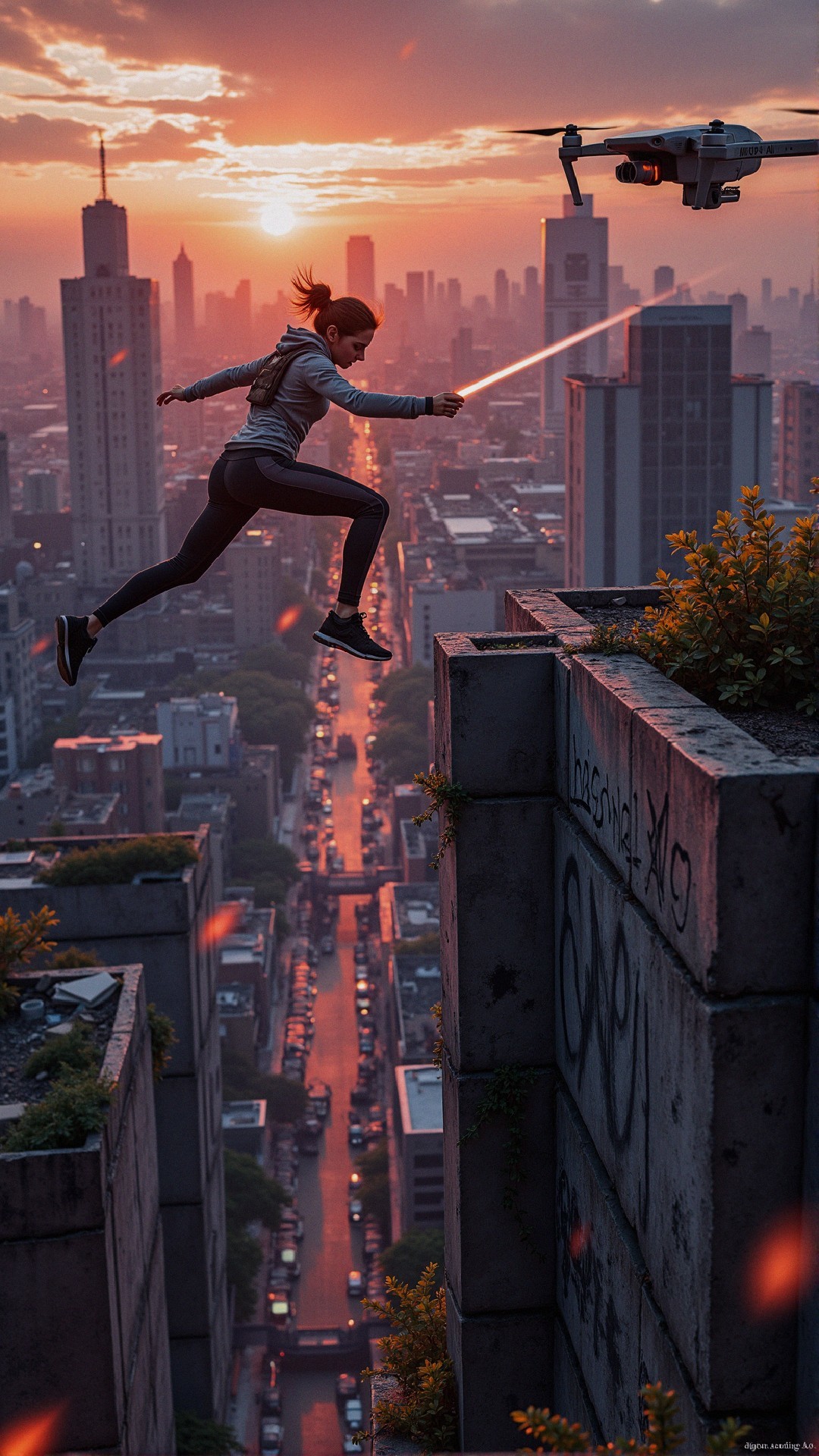 Female Figure Leaping Across Urban Skyline at Sunset