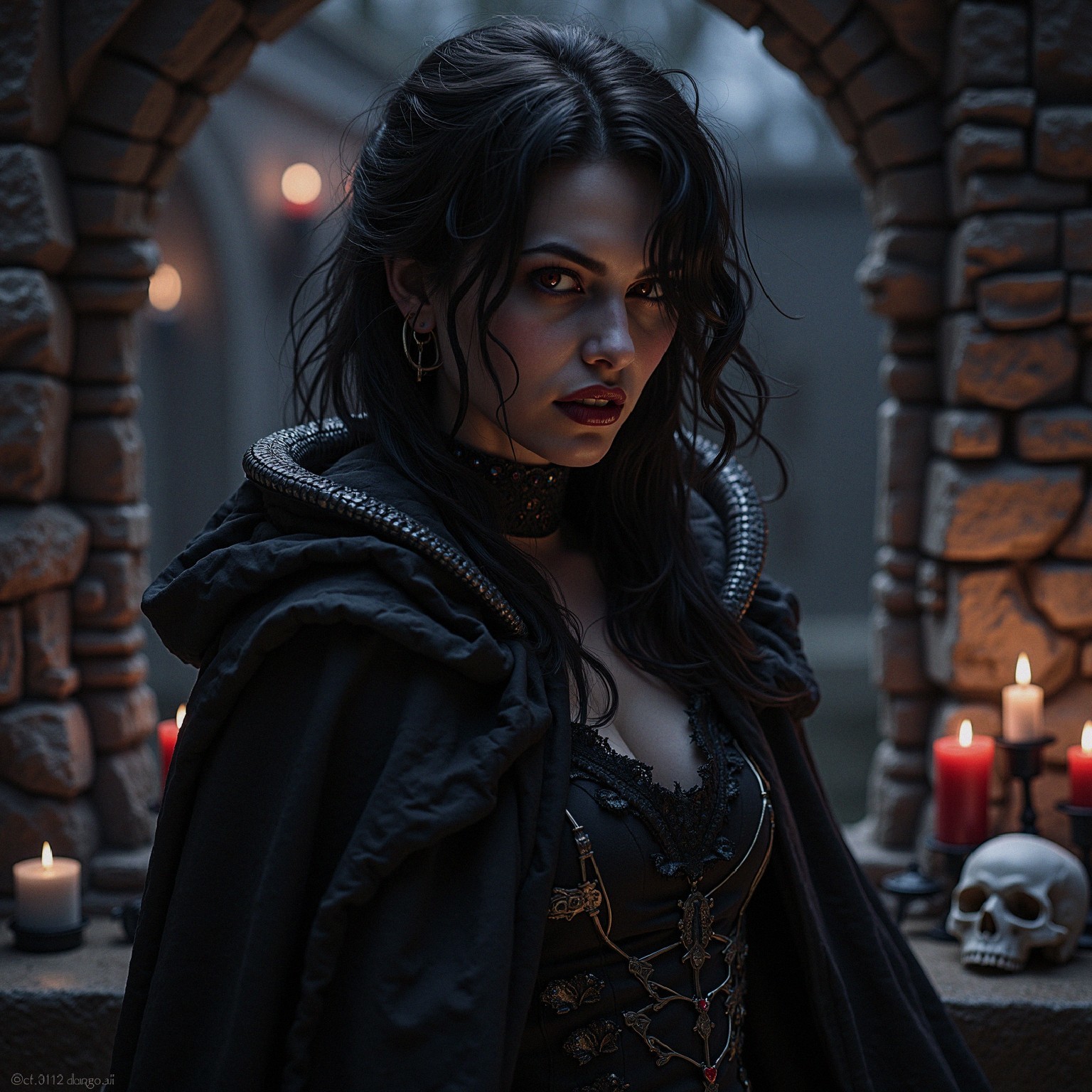 Mysterious Figure in Gothic Setting with Candles and Skull