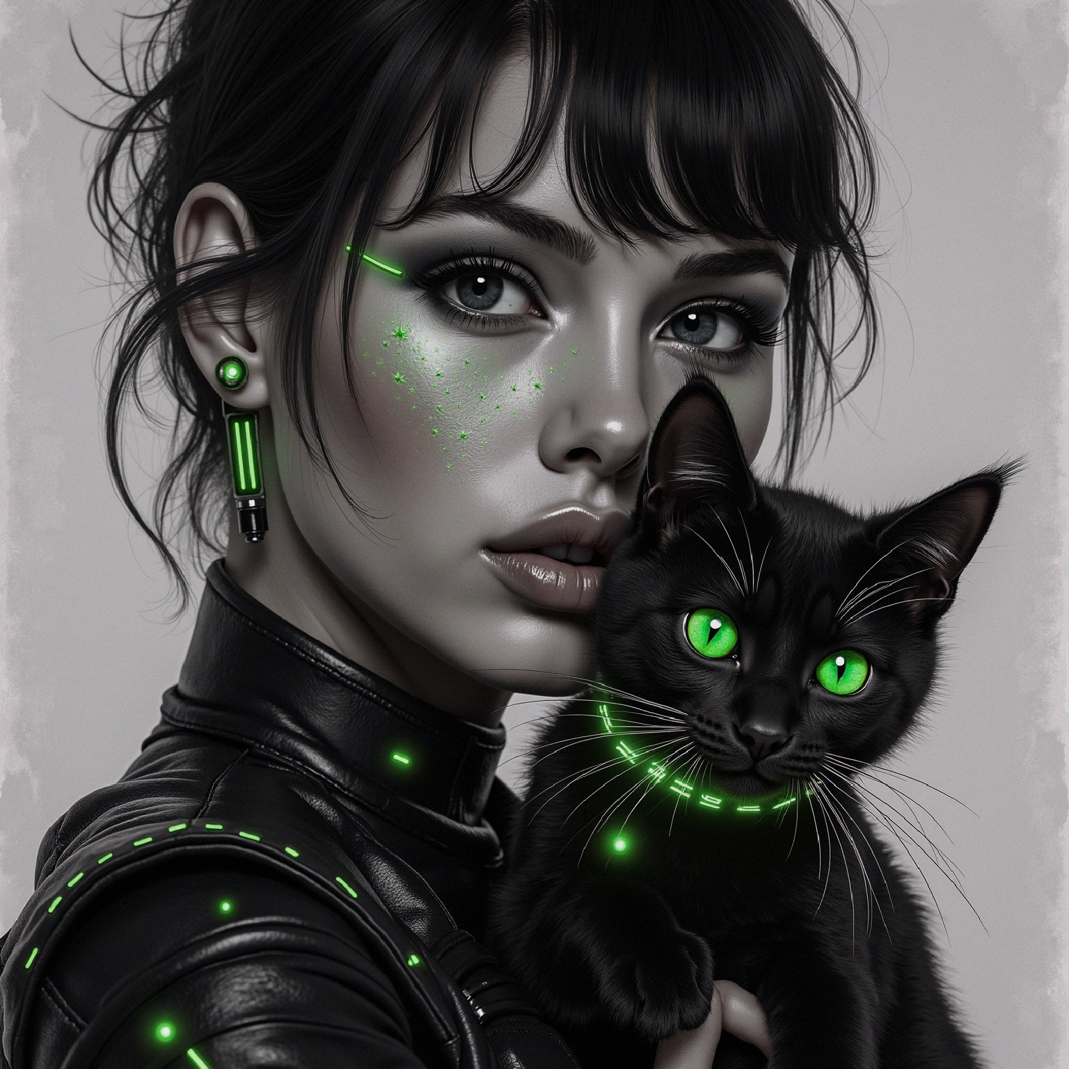 Futuristic Woman with Black Cat and Green Accents