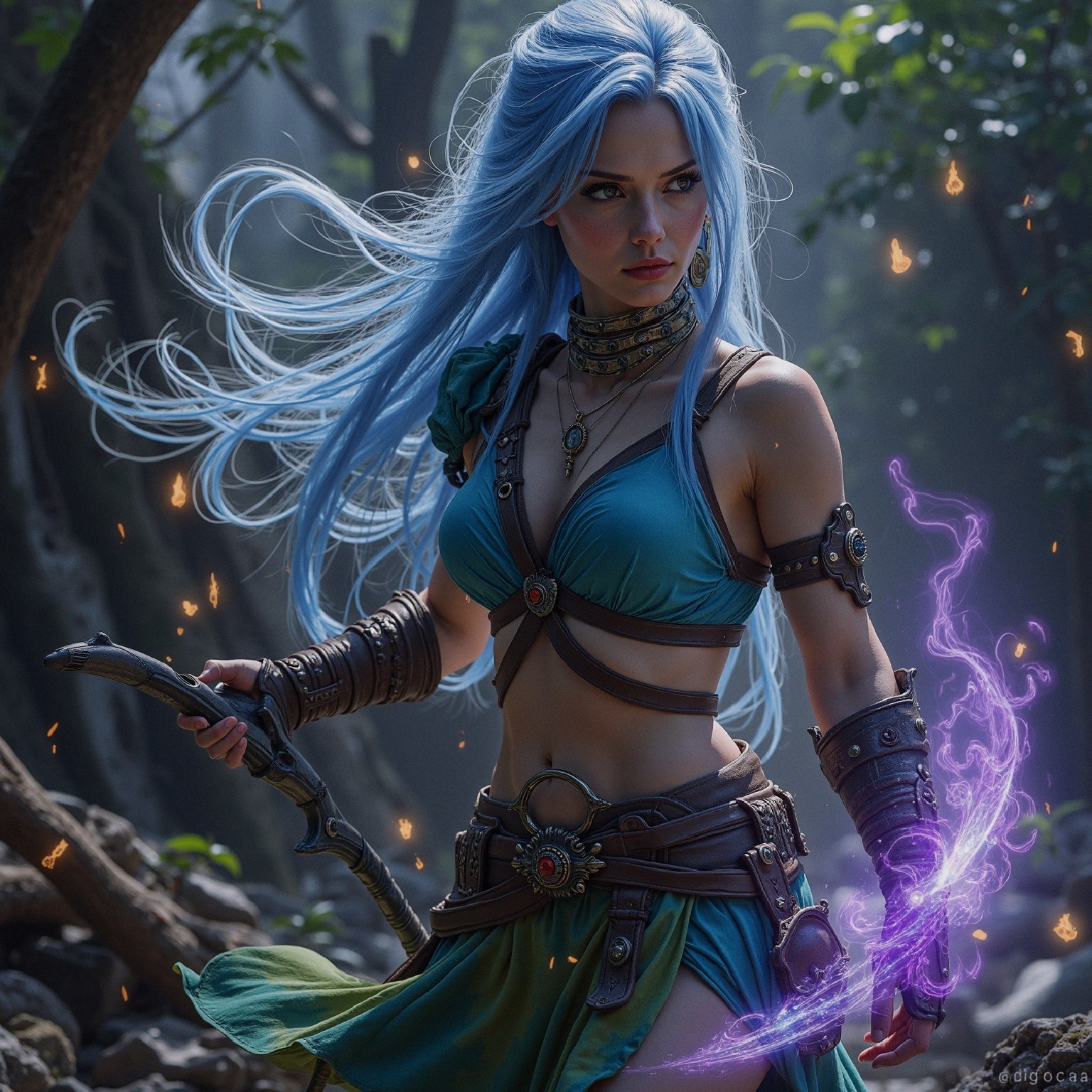 Character with Blue Hair in Enchanted Forest Setting