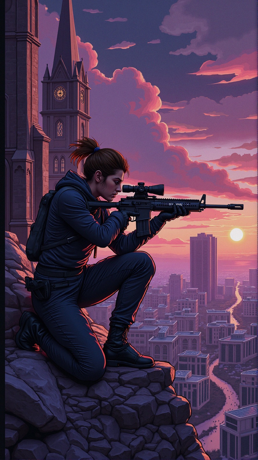Female sniper aiming across urban landscape at sunset