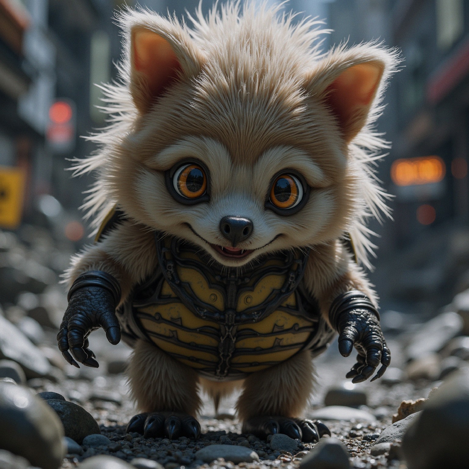 Anthropomorphic creature in urban landscape with armor