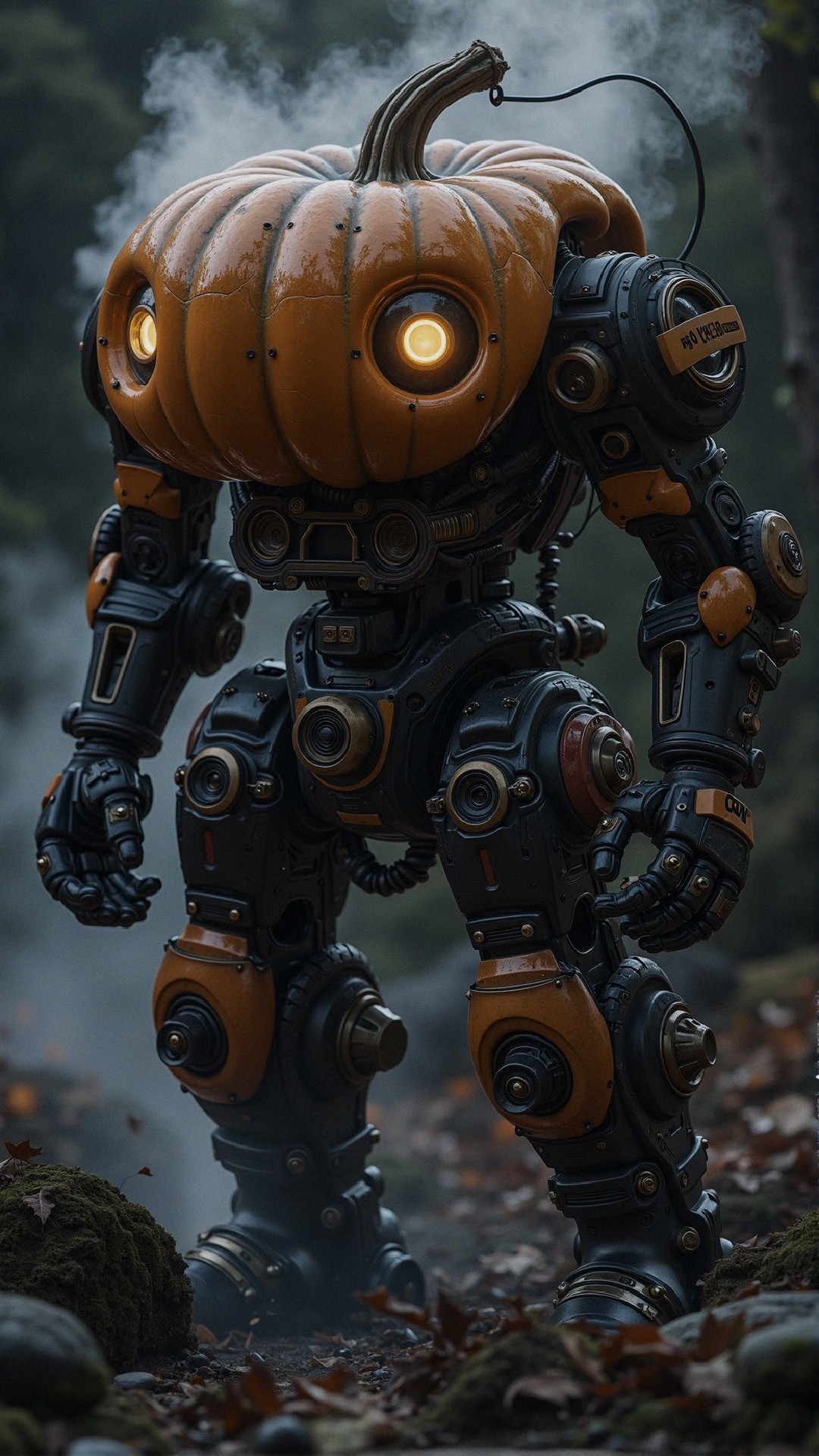 Whimsical Robot in Misty Forest with Pumpkin Head