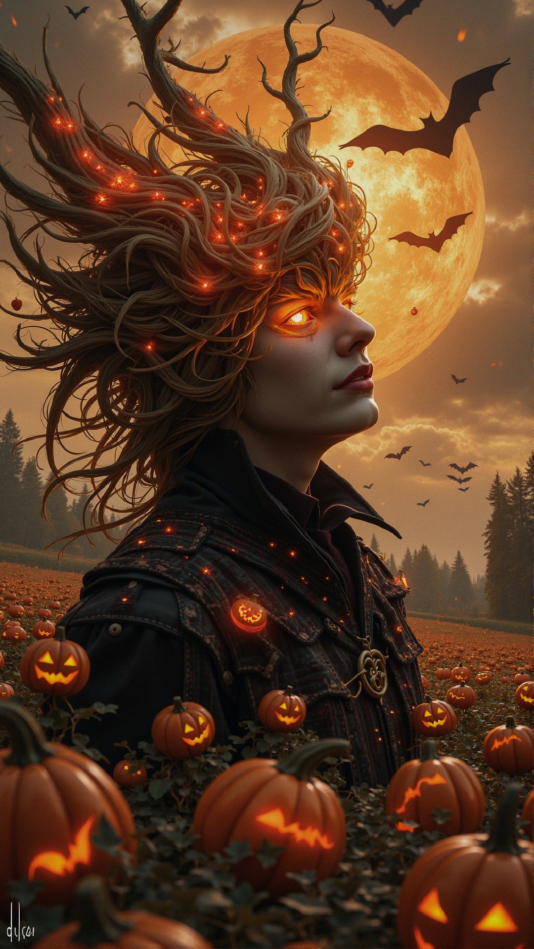 Mystical figure with glowing orbs in foggy pumpkin field