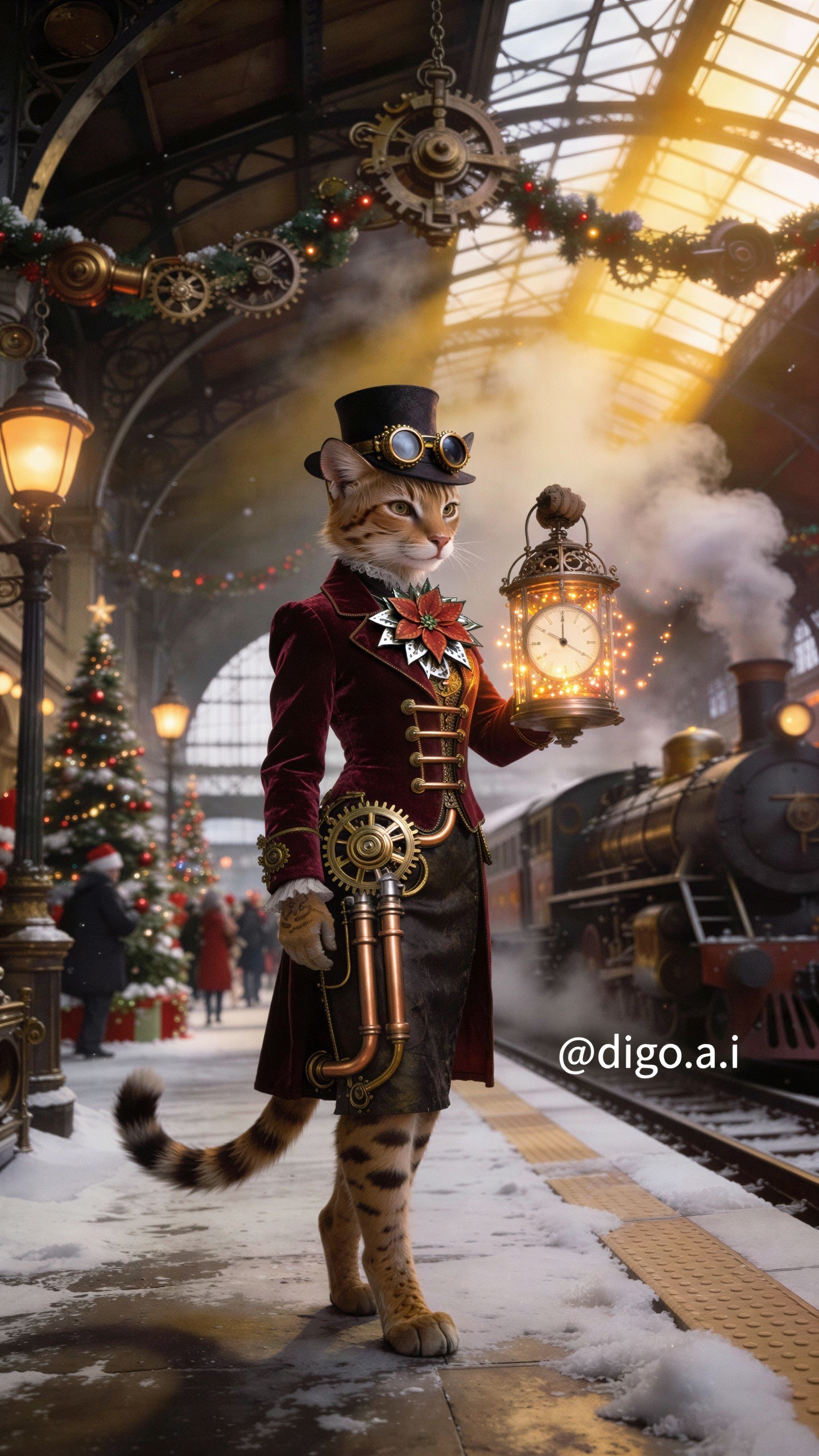 Steampunk Cat in Christmas Attire at Train Station