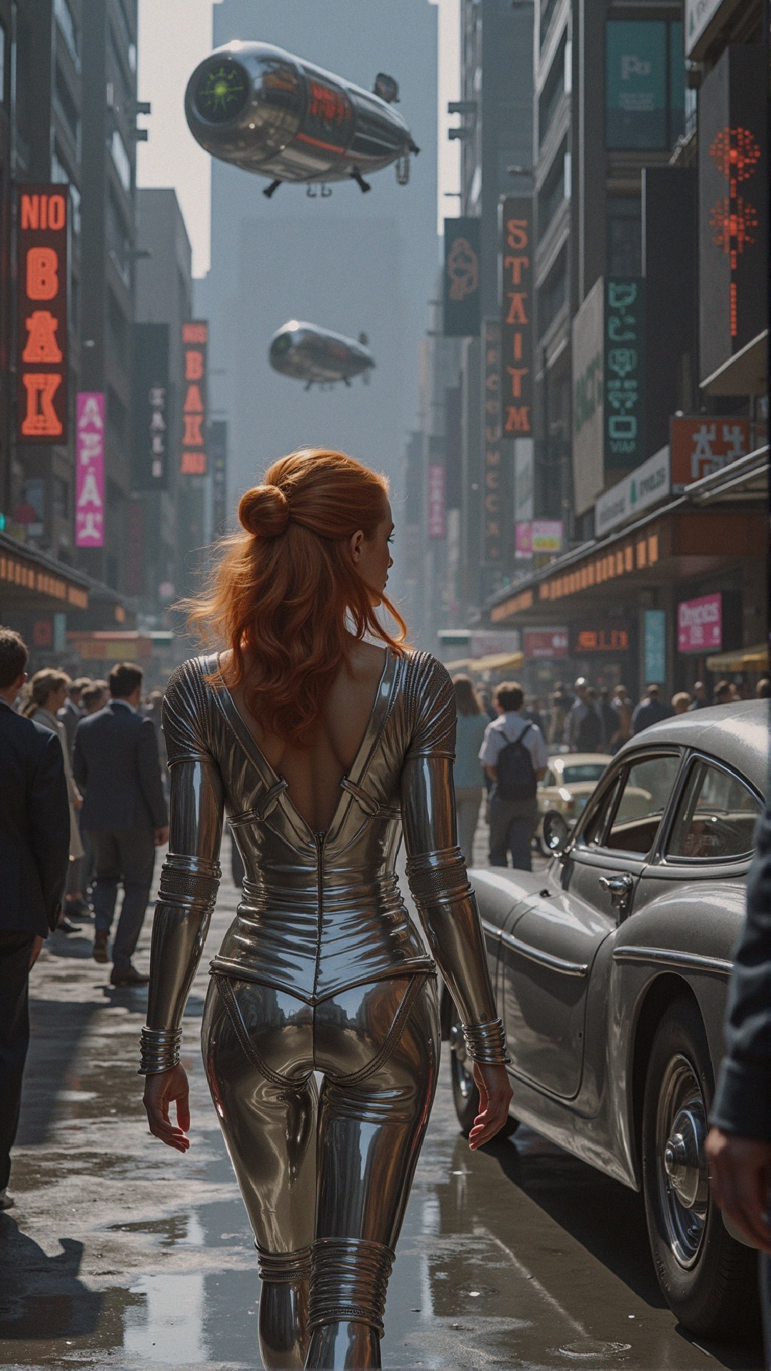 Futuristic Cityscape with Metallic Bodysuit and Skyscrapers