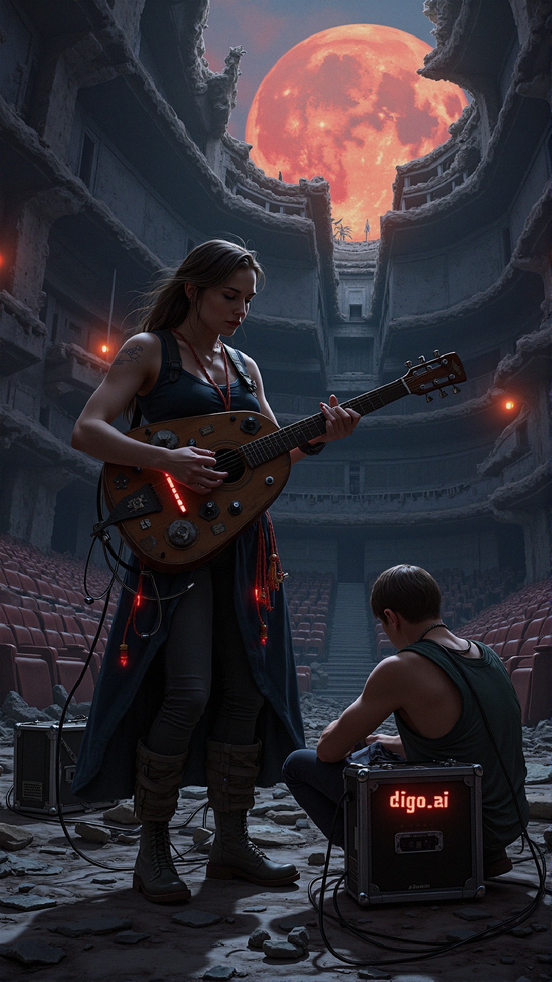 Desolate Theater Scene with Electric Guitar Performance