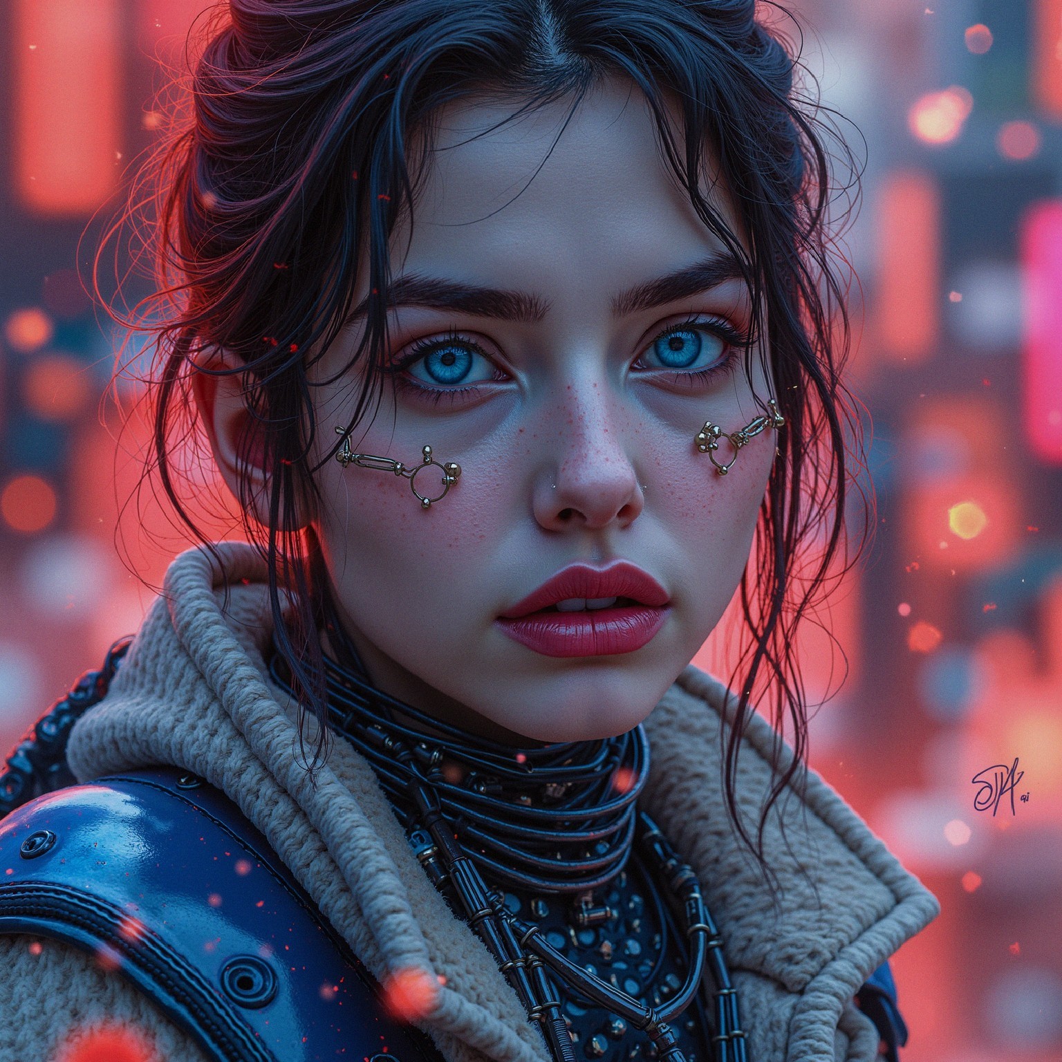Portrait of a Young Woman with Blue Eyes and Freckles
