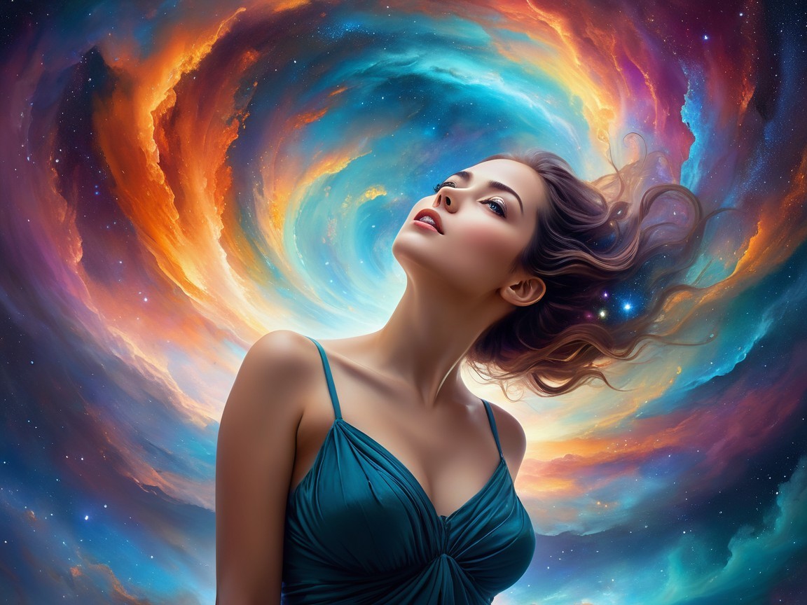 Woman Gazing at Cosmic Nebula in Vibrant Colors