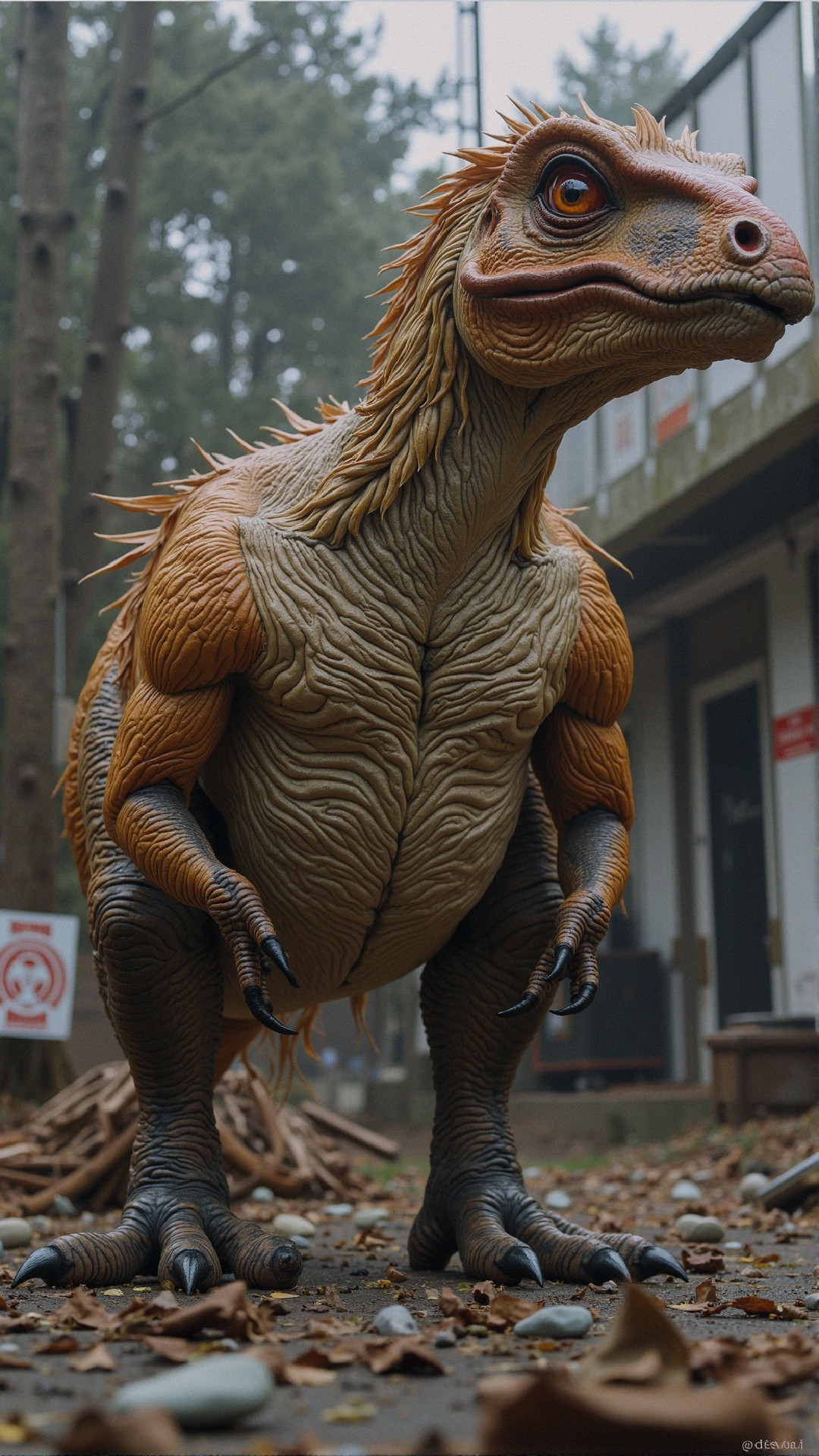 Lifelike dinosaur in a wooded prehistoric setting