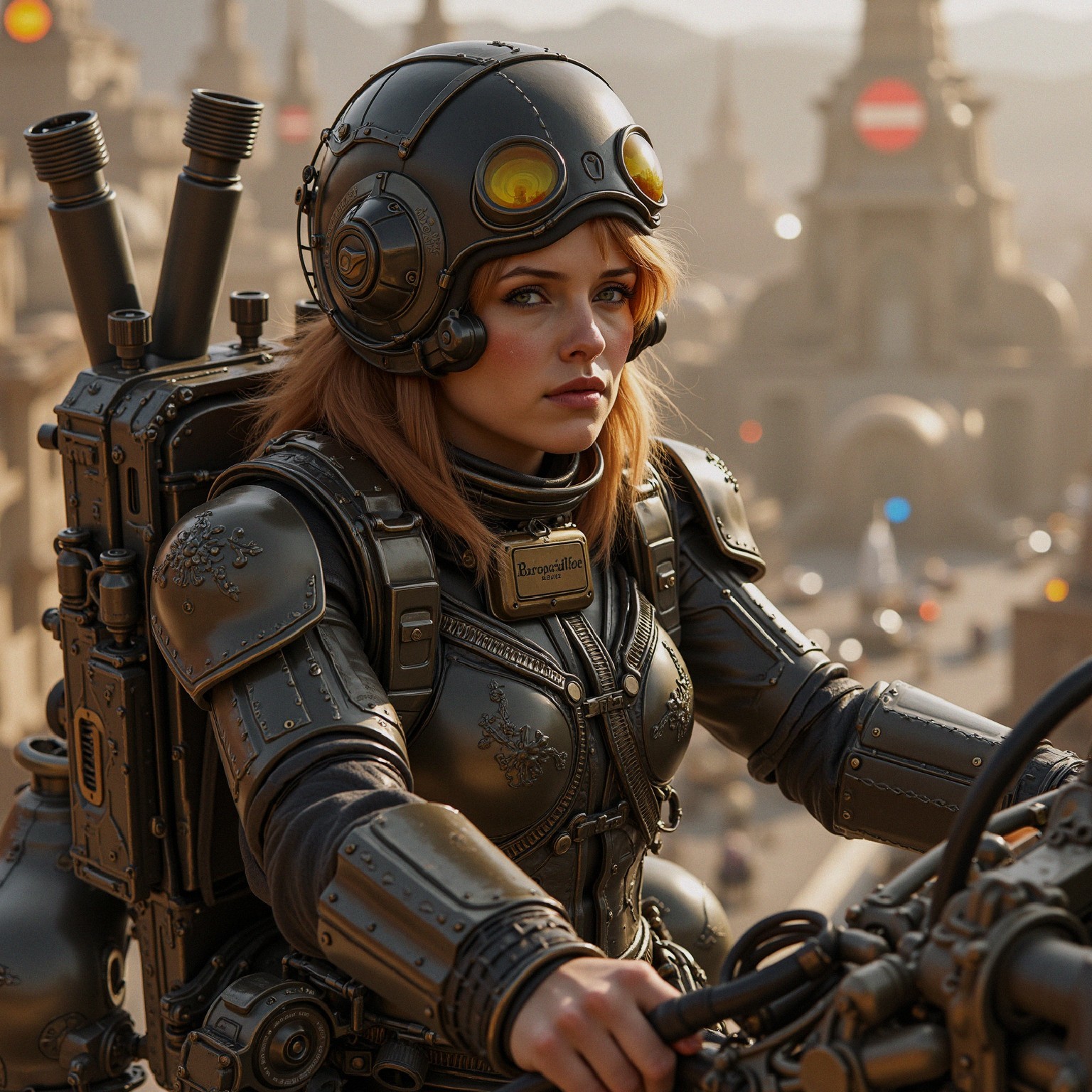 Futuristic Cityscape with Steampunk Motorcycle Rider
