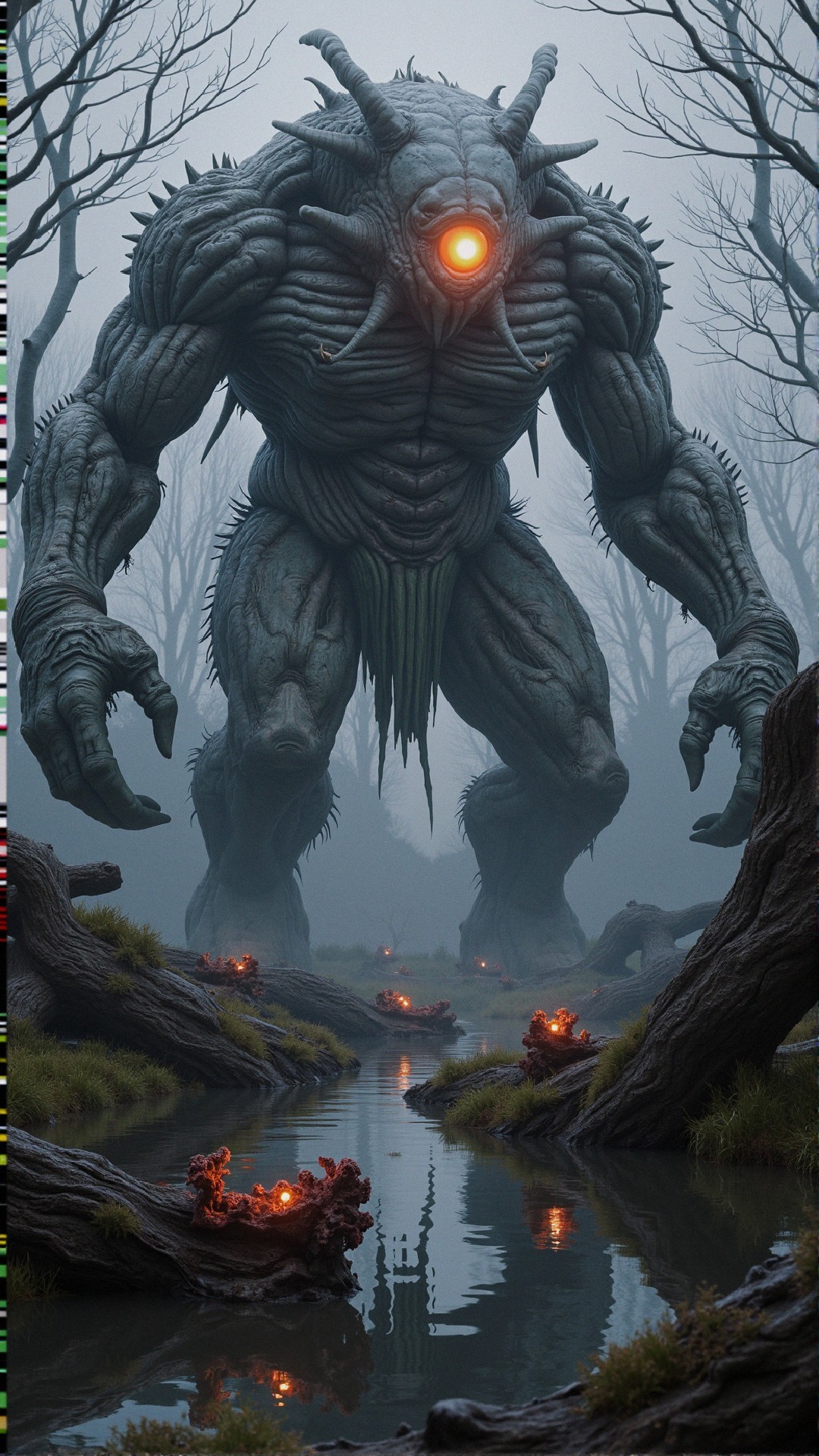 Colossal Creature in Misty, Eerie Landscape