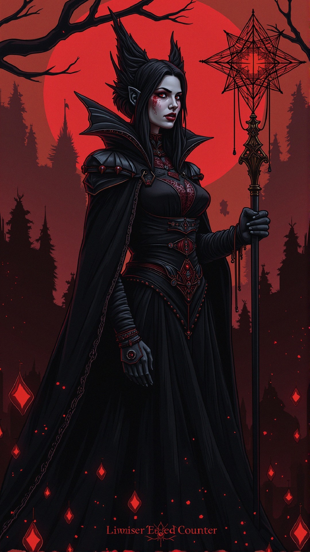 Mysterious Figure in Dark Forest Under Blood-Red Moon